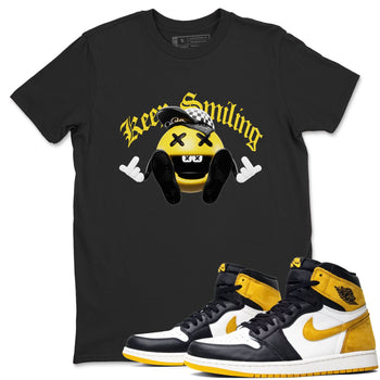 1s Yellow Ochre shirt to match jordans Keep Smiling sneaker tees Air Jordan 1 Yellow Ochre SNRT Sneaker Release Tees unisex cotton Black 1 crew neck shirt