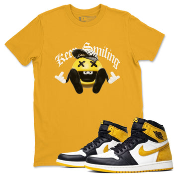 1s Yellow Ochre shirt to match jordans Keep Smiling sneaker tees Air Jordan 1 Yellow Ochre SNRT Sneaker Release Tees unisex cotton Gold 1 crew neck shirt