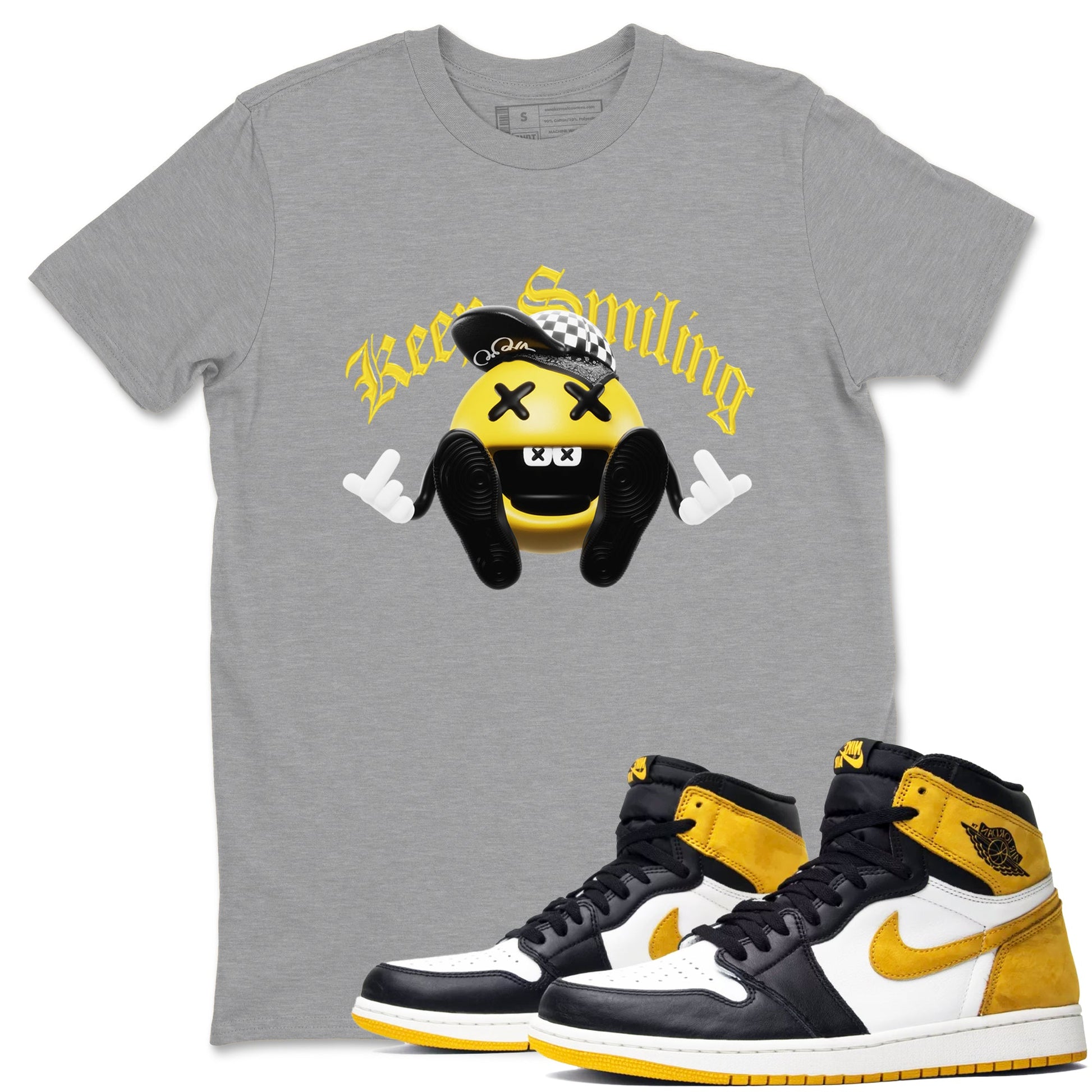 1s Yellow Ochre shirt to match jordans Keep Smiling sneaker tees Air Jordan 1 Yellow Ochre SNRT Sneaker Release Tees unisex cotton Heather Grey 1 crew neck shirt