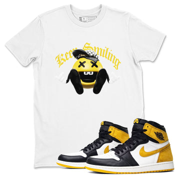 1s Yellow Ochre shirt to match jordans Keep Smiling sneaker tees Air Jordan 1 Yellow Ochre SNRT Sneaker Release Tees unisex cotton White 1 crew neck shirt
