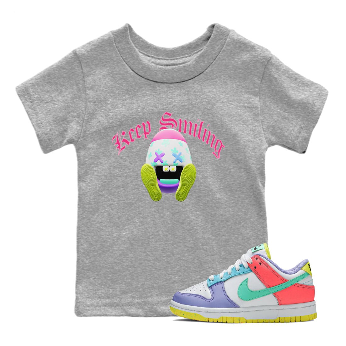 Dunk Easter Candy Sneaker Match Tees Keep Smiling Sneaker Tees Nike Easter Sneaker Release Tees Kids Shirts Heather Grey 1
