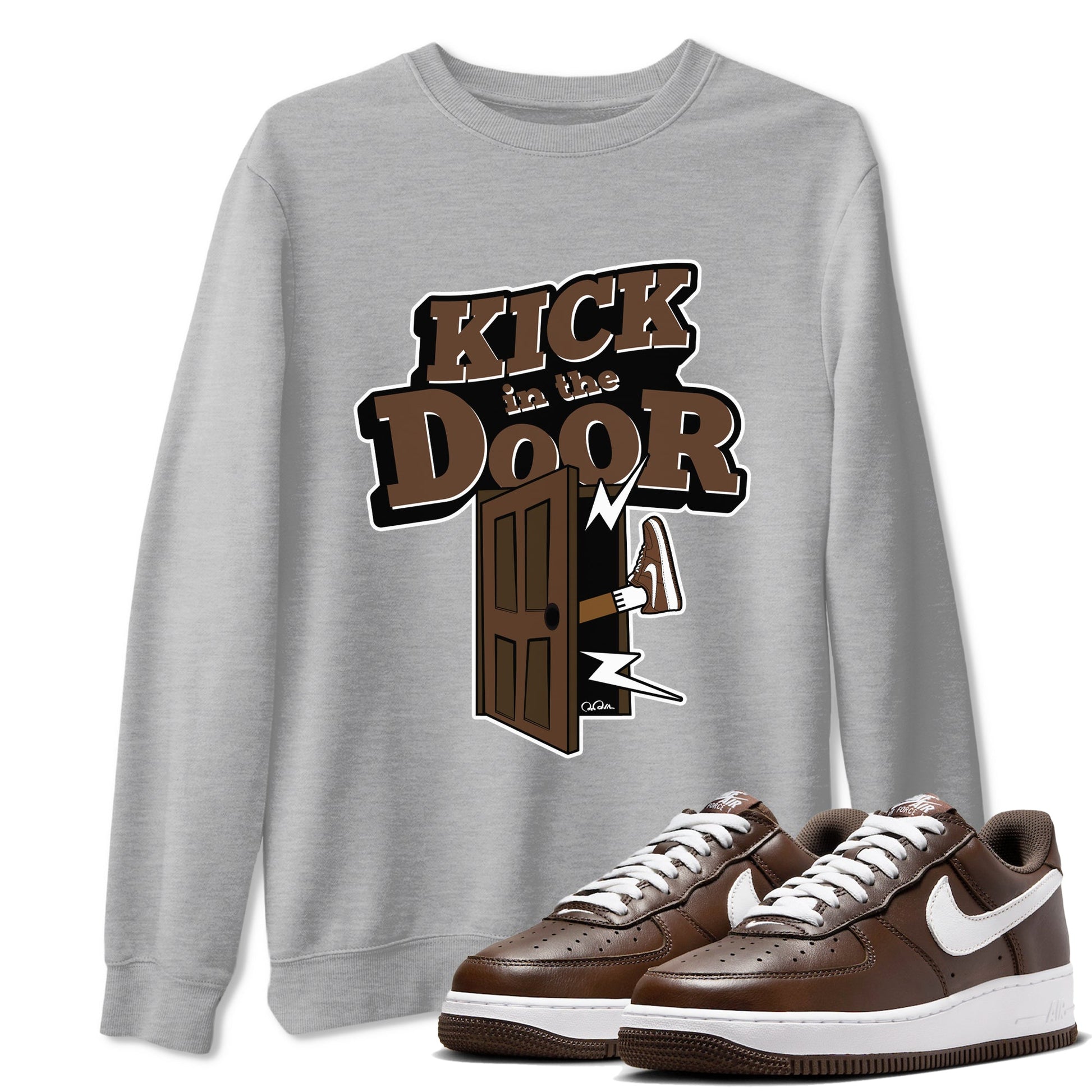Air Force Low Chocolate shirt to match jordans Kick In The Door sneaker tees chocolate Nike Air Force Low Chocolate SNRT Sneaker Release Tees Unisex Heather Grey 1 T-Shirt