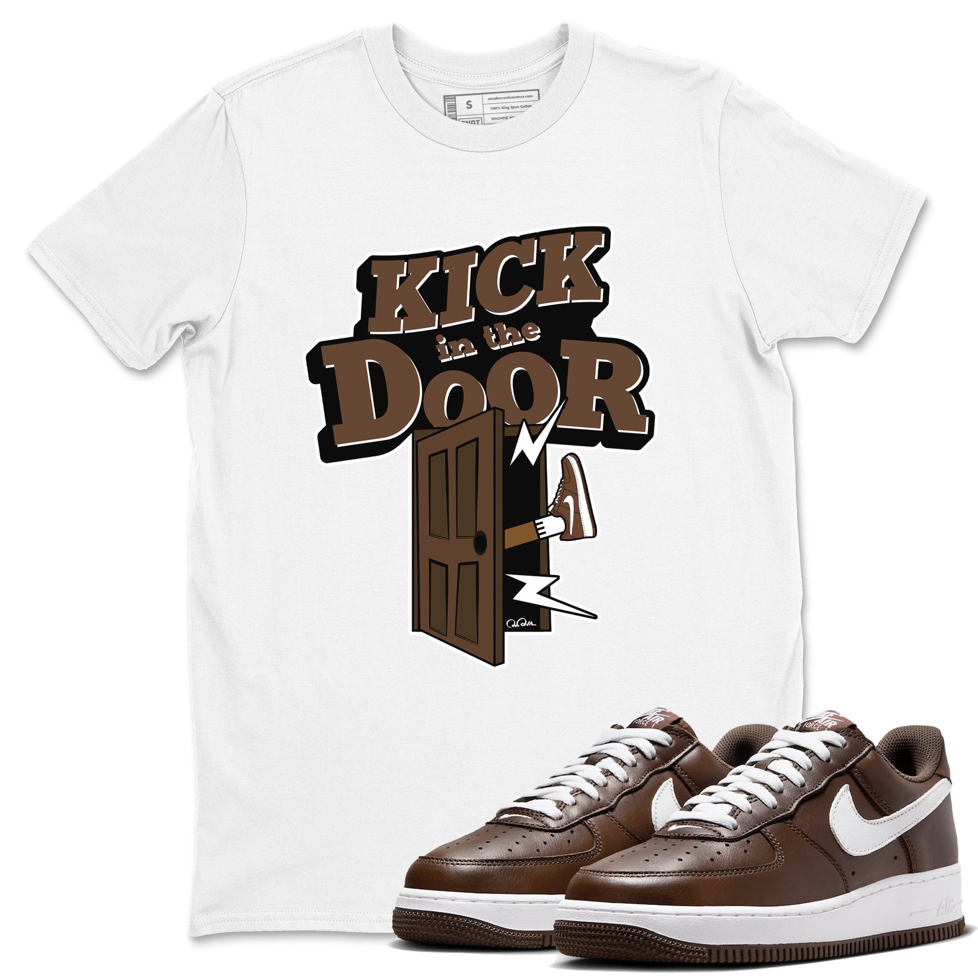 Air Force Low Chocolate shirt to match jordans Kick In The Door sneaker tees chocolate Nike Air Force Low Chocolate SNRT Sneaker Release Tees Unisex White 1 T-Shirt