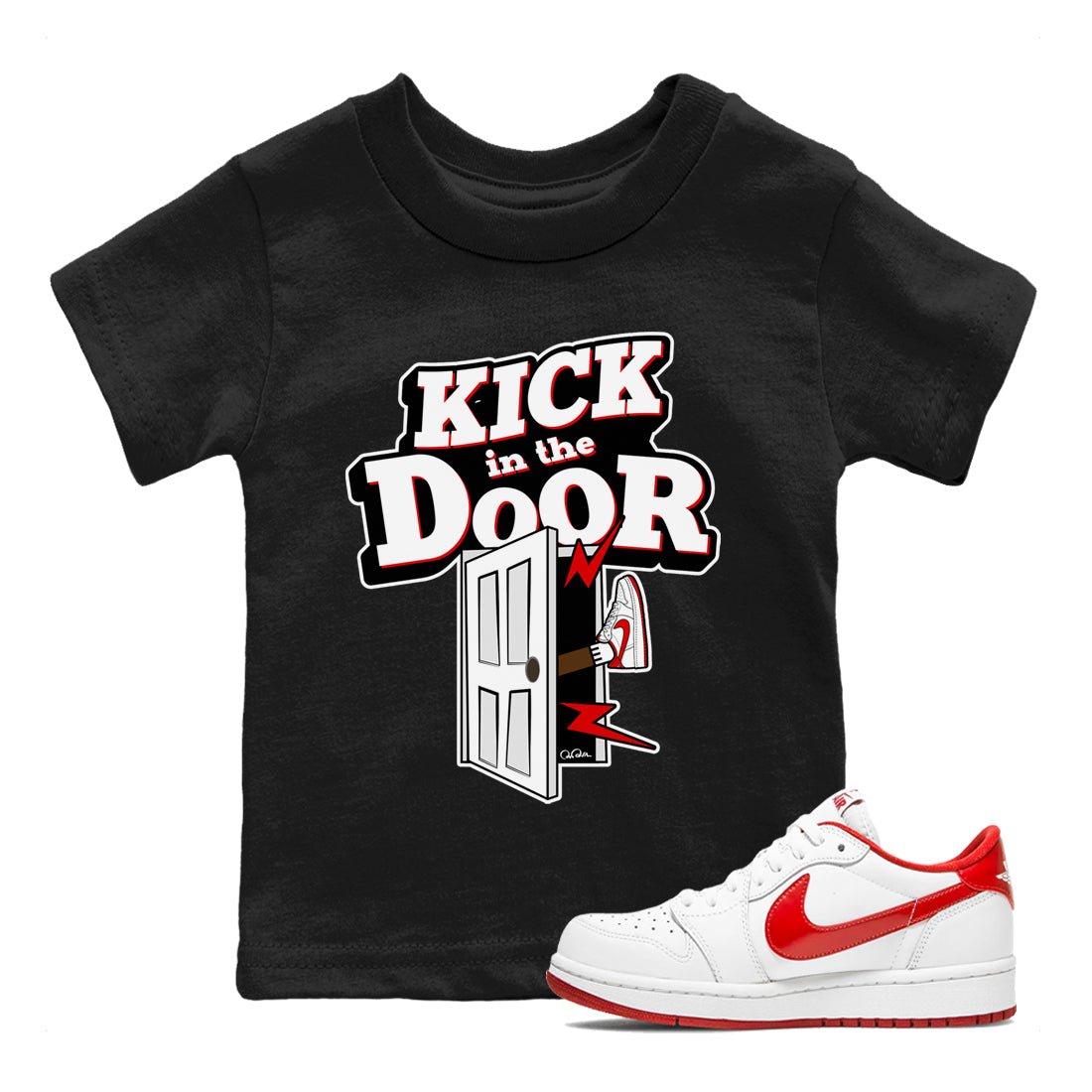 Jordan 1 Low University Red shirt to match jordans Kick In The Door sneakertees AJ1 Low University Red SNRT Sneaker Release Tees Baby Toddler Black 1 T-Shirt