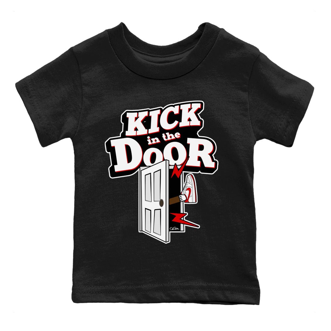 Jordan 1 Low University Red shirt to match jordans Kick In The Door sneakertees AJ1 Low University Red SNRT Sneaker Release Tees Baby Toddler Black 2 T-Shirt