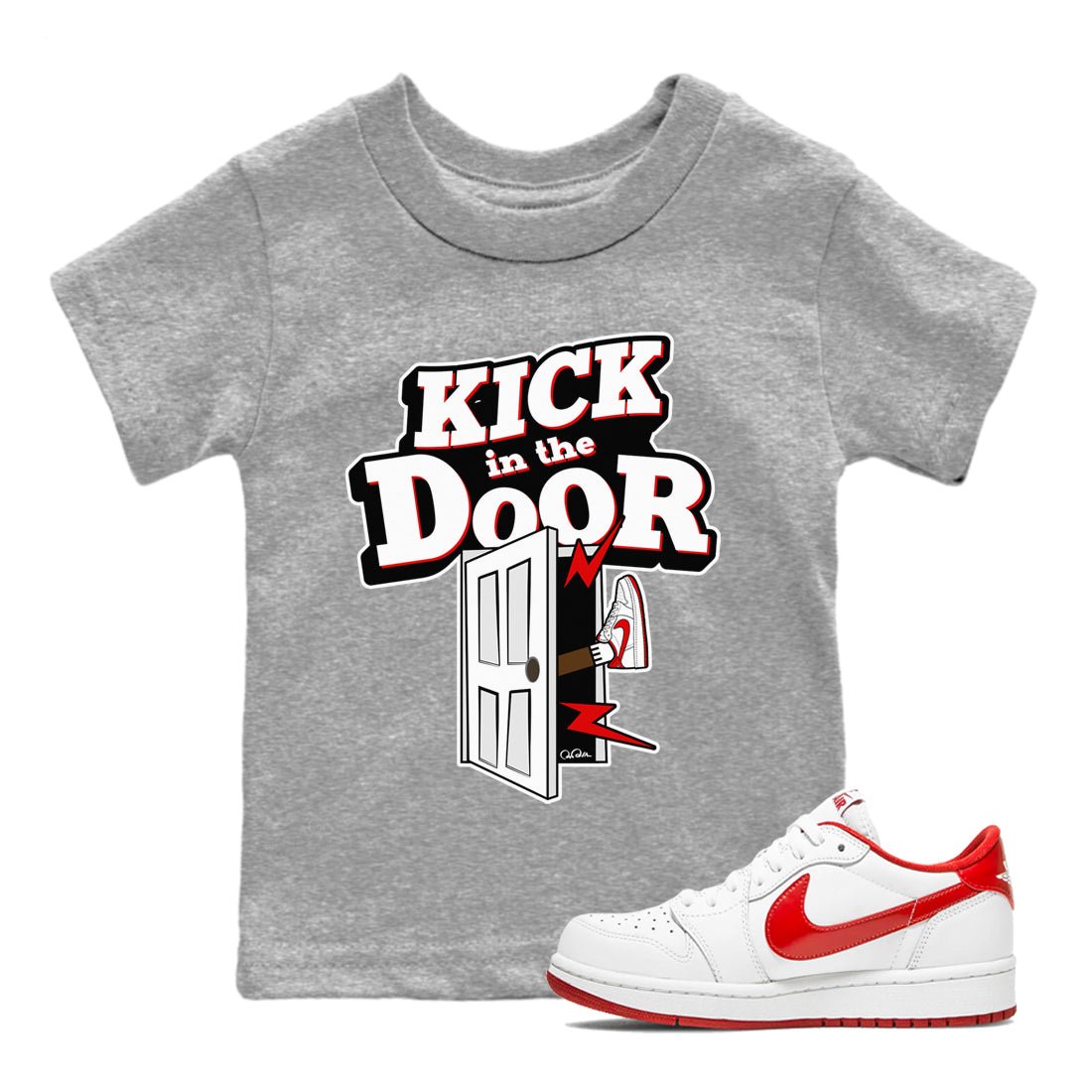 Jordan 1 Low University Red shirt to match jordans Kick In The Door sneakertees AJ1 Low University Red SNRT Sneaker Release Tees Baby Toddler Heather Grey 1 T-Shirt