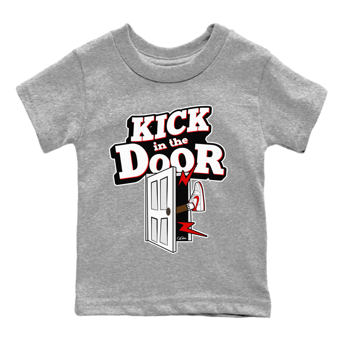 Jordan 1 Low University Red shirt to match jordans Kick In The Door sneakertees AJ1 Low University Red SNRT Sneaker Release Tees Baby Toddler Heather Grey 2 T-Shirt