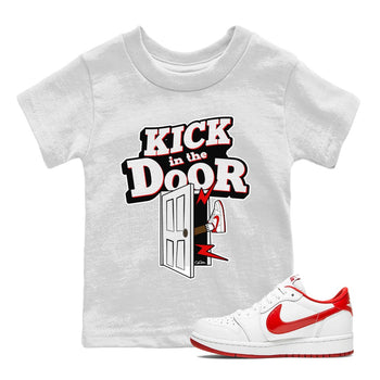 Jordan 1 Low University Red shirt to match jordans Kick In The Door sneakertees AJ1 Low University Red SNRT Sneaker Release Tees Baby Toddler White 1 T-Shirt