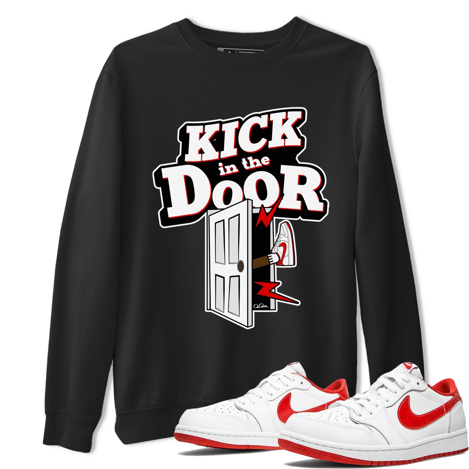 Jordan 1 Low University Red shirt to match jordans Kick In The Door sneakertees AJ1 Low University Red SNRT Sneaker Release Tees Unisex Black 1 T-Shirt