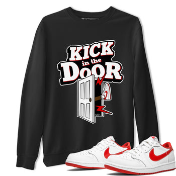Jordan 1 Low University Red shirt to match jordans Kick In The Door sneakertees AJ1 Low University Red SNRT Sneaker Release Tees Unisex Black 1 T-Shirt