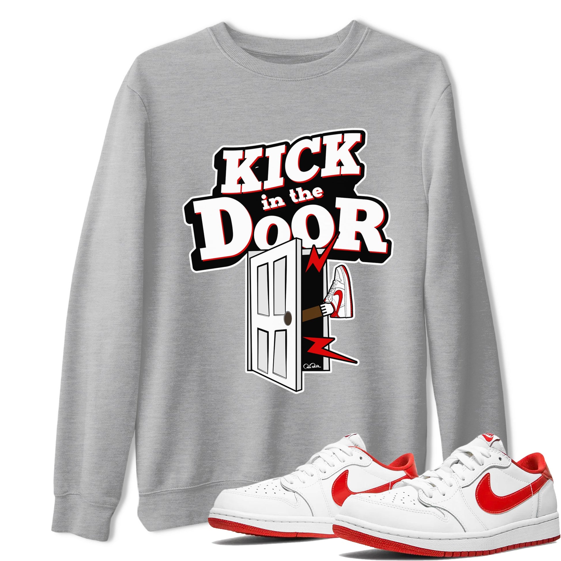 Jordan 1 Low University Red shirt to match jordans Kick In The Door sneakertees AJ1 Low University Red SNRT Sneaker Release Tees Unisex Heather Grey 1 T-Shirt