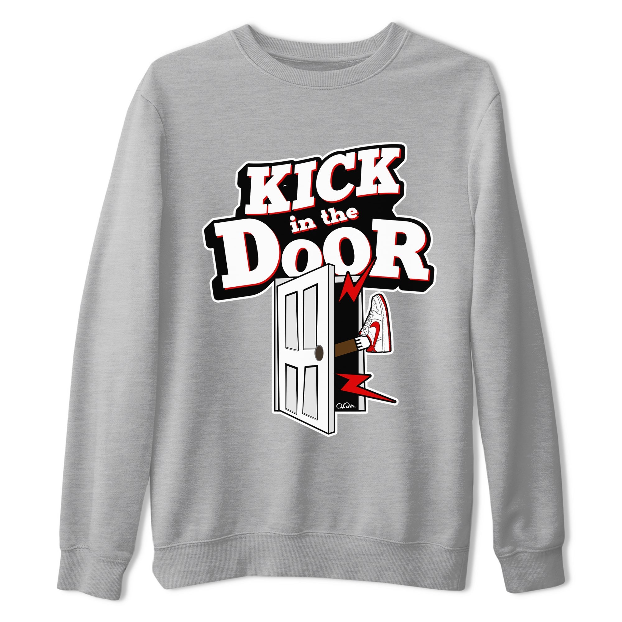 Jordan 1 Low University Red shirt to match jordans Kick In The Door sneakertees AJ1 Low University Red SNRT Sneaker Release Tees Unisex Heather Grey 2 T-Shirt