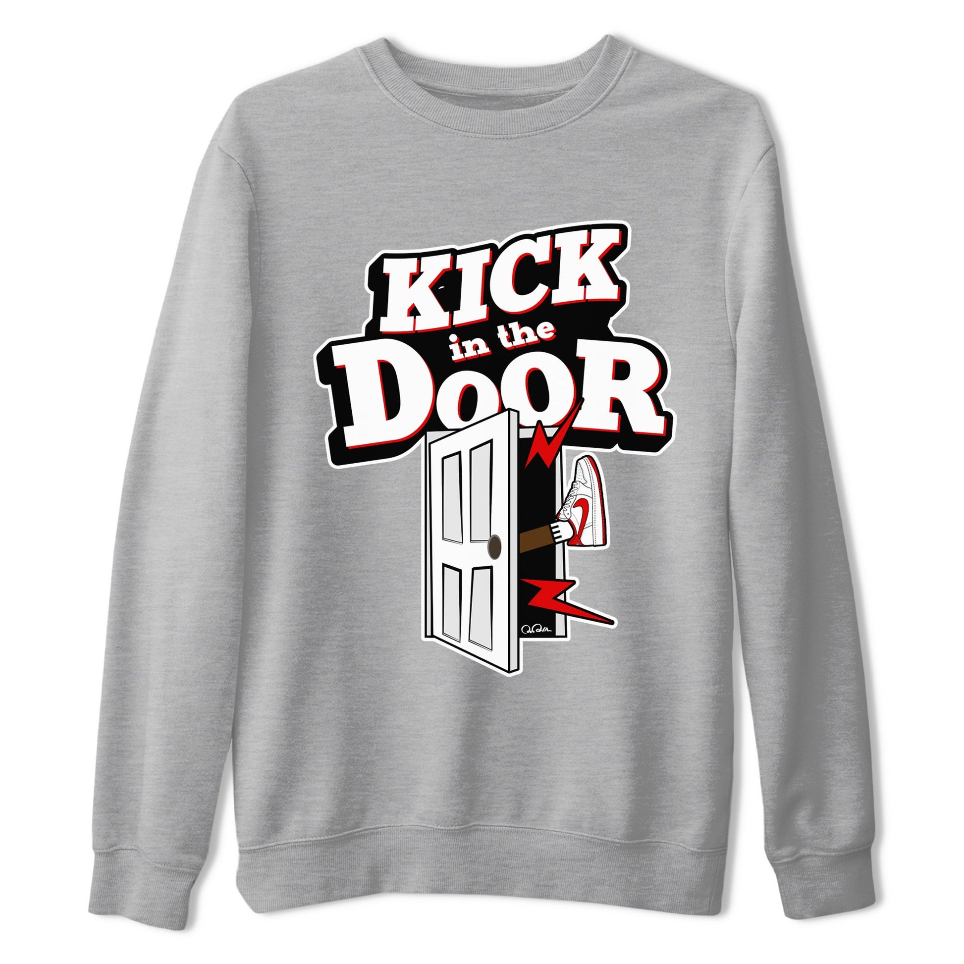 Jordan 1 Low University Red shirt to match jordans Kick In The Door sneakertees AJ1 Low University Red SNRT Sneaker Release Tees Unisex Heather Grey 2 T-Shirt