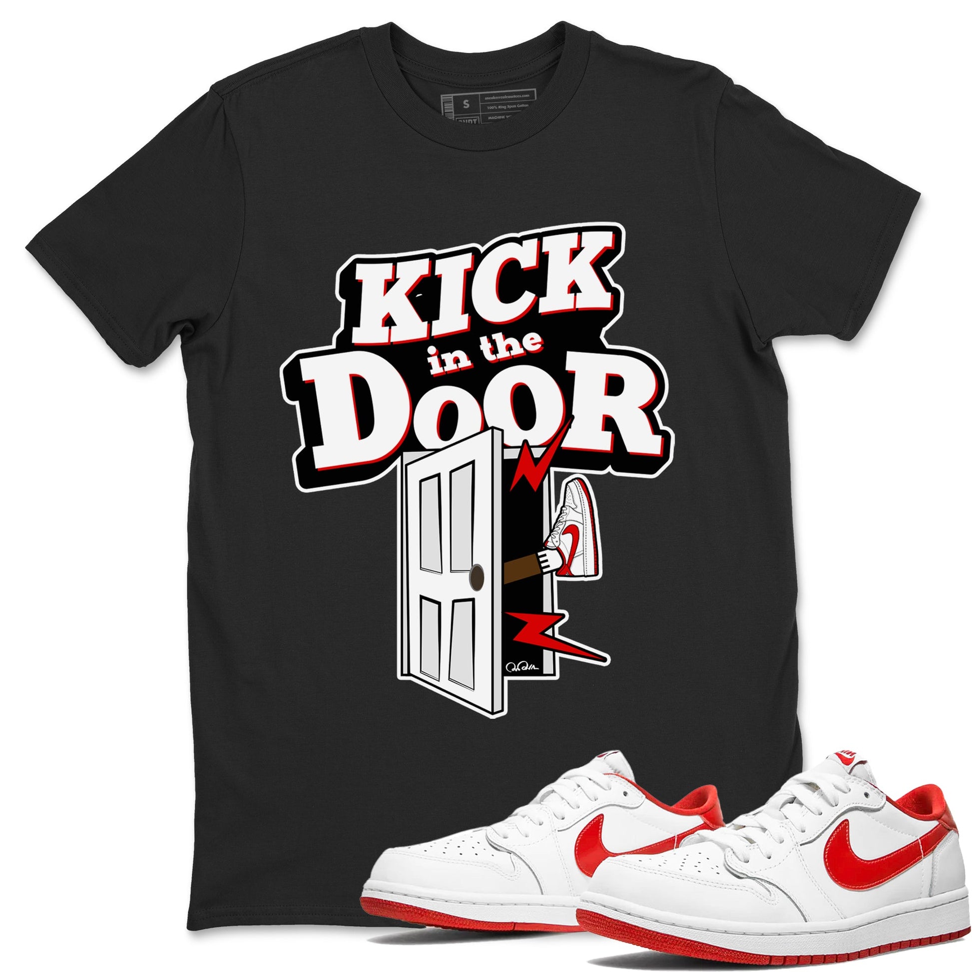 Jordan 1 Low University Red shirt to match jordans Kick In The Door sneakertees AJ1 Low University Red SNRT Sneaker Release Tees Unisex Black 1 T-Shirt