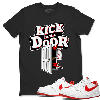 Jordan 1 Low University Red shirt to match jordans Kick In The Door sneakertees AJ1 Low University Red SNRT Sneaker Release Tees Unisex Black 1 T-Shirt