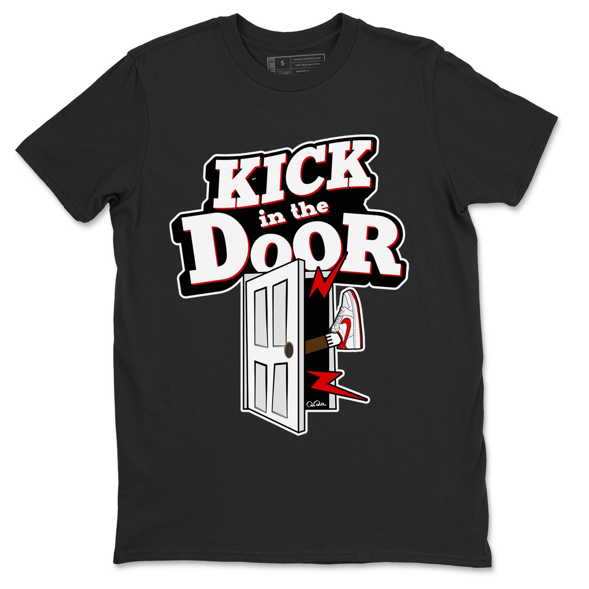 Jordan 1 Low University Red shirt to match jordans Kick In The Door sneakertees AJ1 Low University Red SNRT Sneaker Release Tees Unisex Black 2 T-Shirt