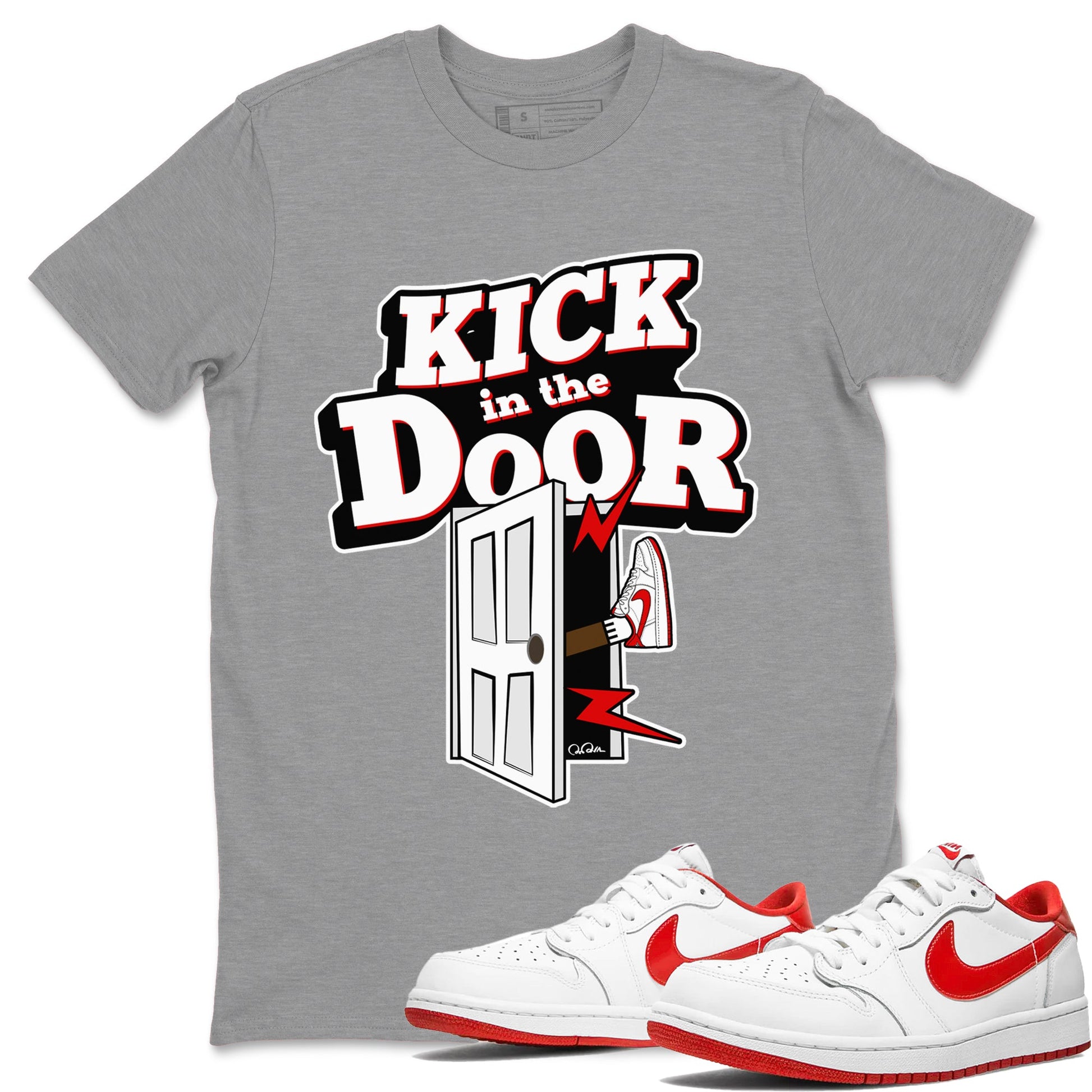Jordan 1 Low University Red shirt to match jordans Kick In The Door sneakertees AJ1 Low University Red SNRT Sneaker Release Tees Unisex Heather Grey 1 T-Shirt
