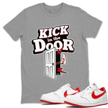Jordan 1 Low University Red shirt to match jordans Kick In The Door sneakertees AJ1 Low University Red SNRT Sneaker Release Tees Unisex Heather Grey 1 T-Shirt