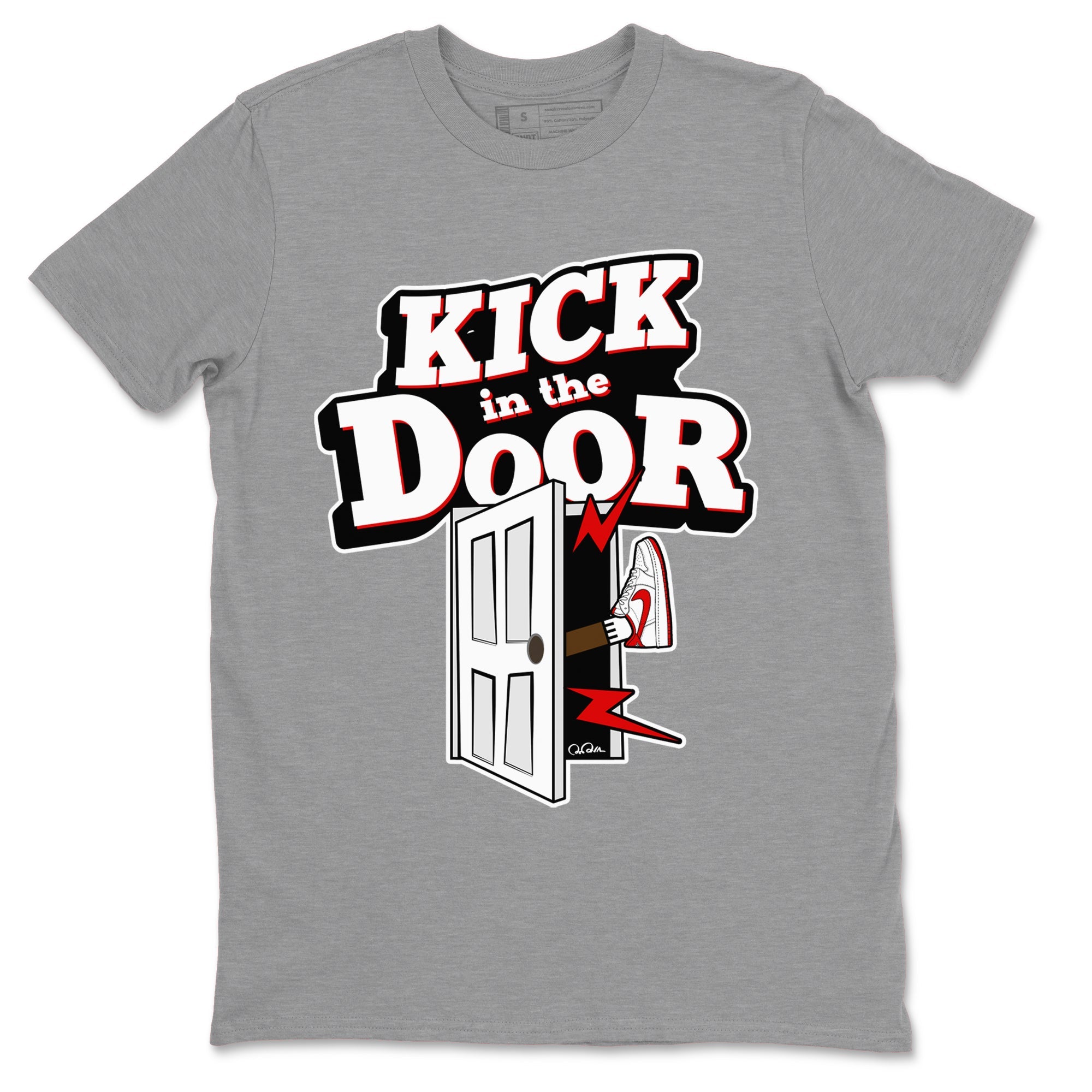 Jordan 1 Low University Red shirt to match jordans Kick In The Door sneakertees AJ1 Low University Red SNRT Sneaker Release Tees Unisex Heather Grey 2 T-Shirt
