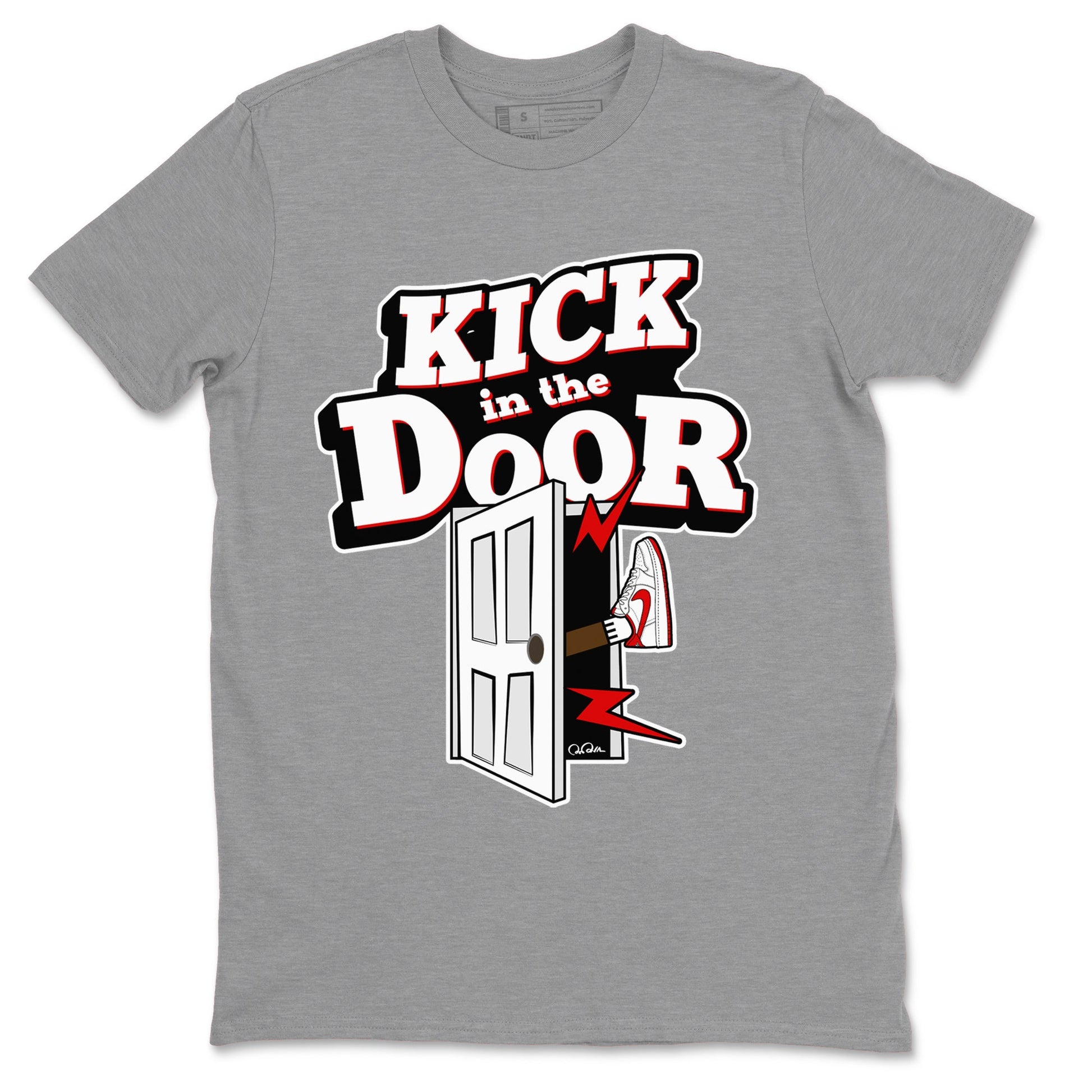 Jordan 1 Low University Red shirt to match jordans Kick In The Door sneakertees AJ1 Low University Red SNRT Sneaker Release Tees Unisex Heather Grey 2 T-Shirt