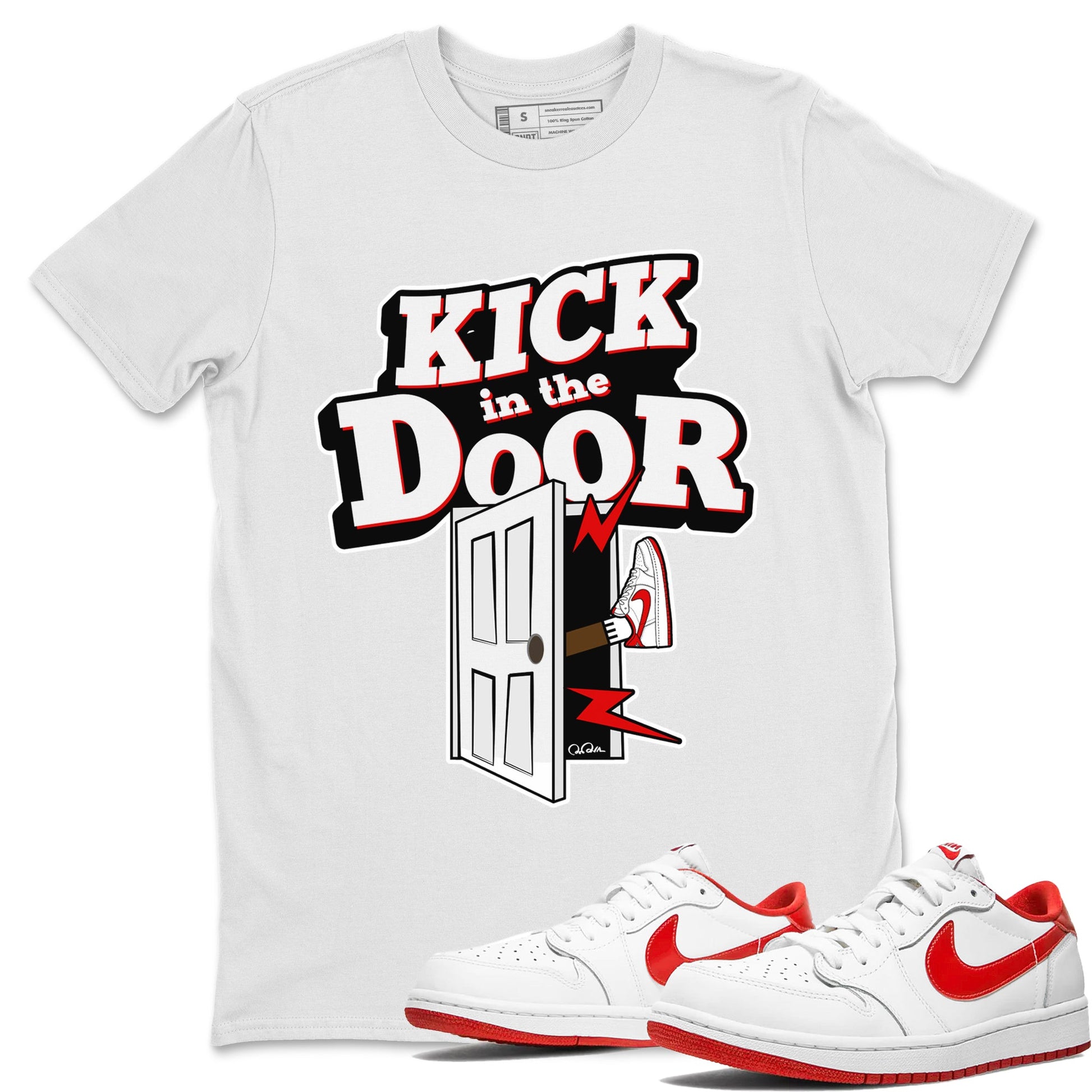 Jordan 1 Low University Red shirt to match jordans Kick In The Door sneakertees AJ1 Low University Red SNRT Sneaker Release Tees Unisex White 1 T-Shirt