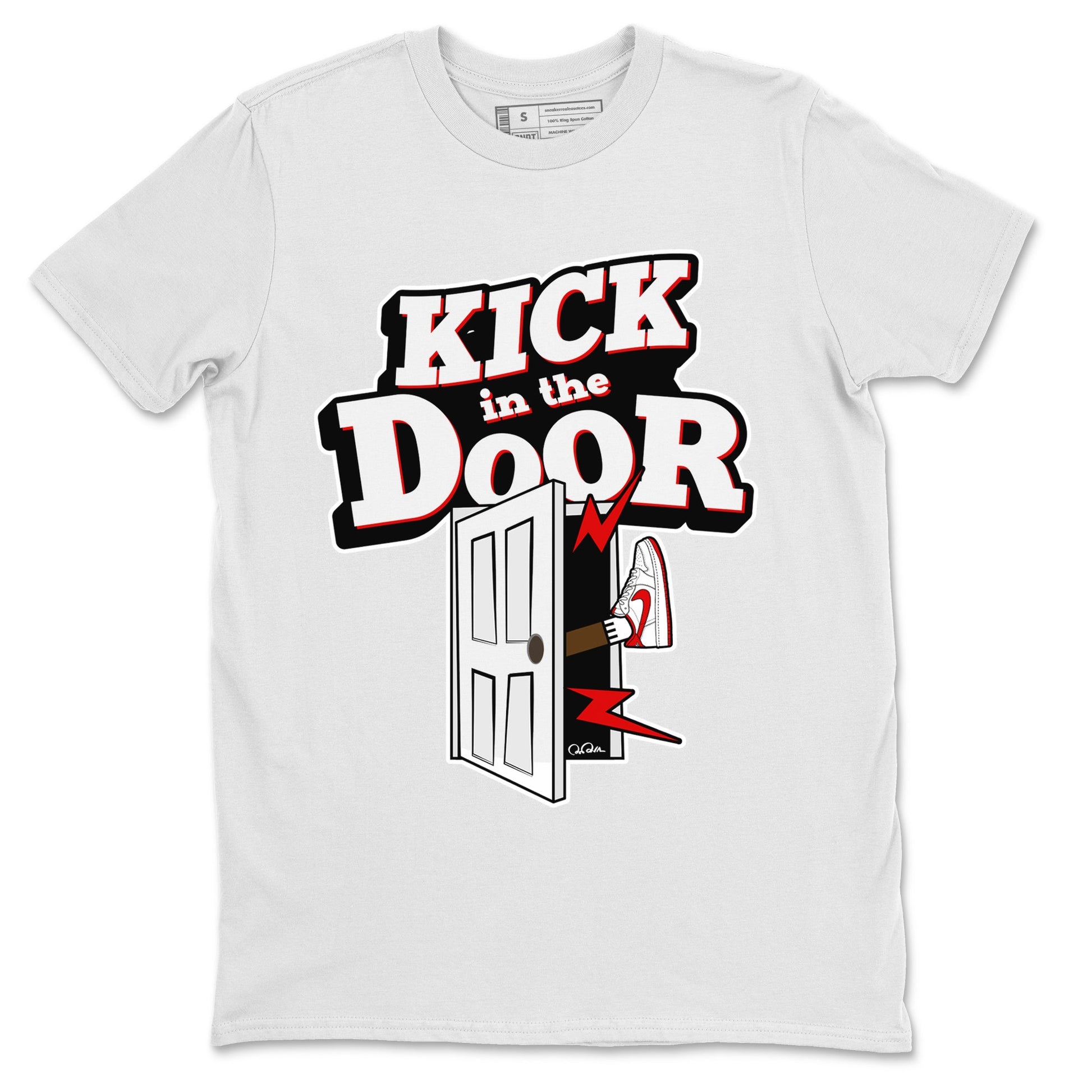 Jordan 1 Low University Red shirt to match jordans Kick In The Door sneakertees AJ1 Low University Red SNRT Sneaker Release Tees Unisex White 2 T-Shirt