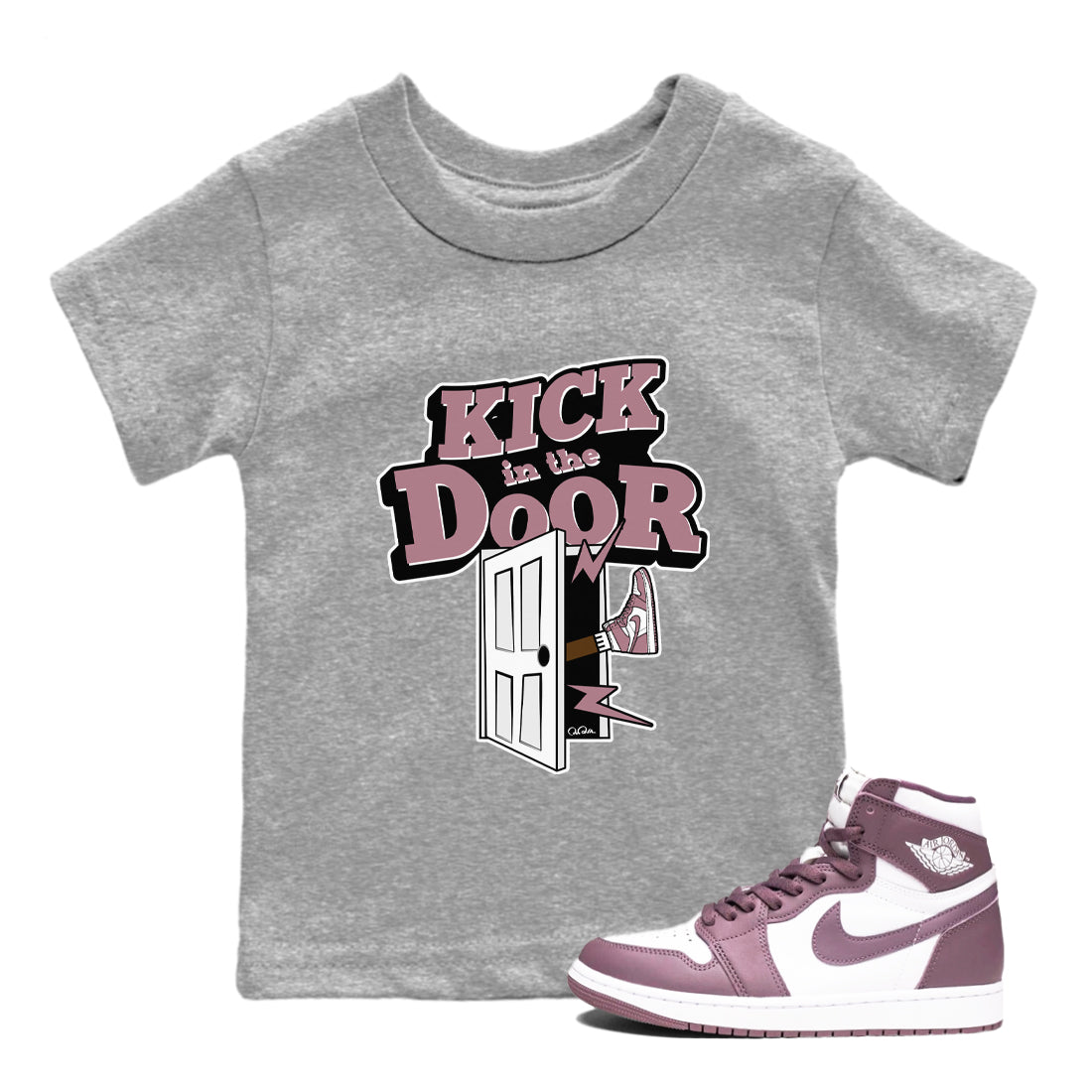 Air Jordan 1 Mauve shirt to match jordans Kick In The Door sneaker tees AJ1Mauve SNRT Sneaker Release Tees Baby Toddler Heather Grey 1 T-Shirt