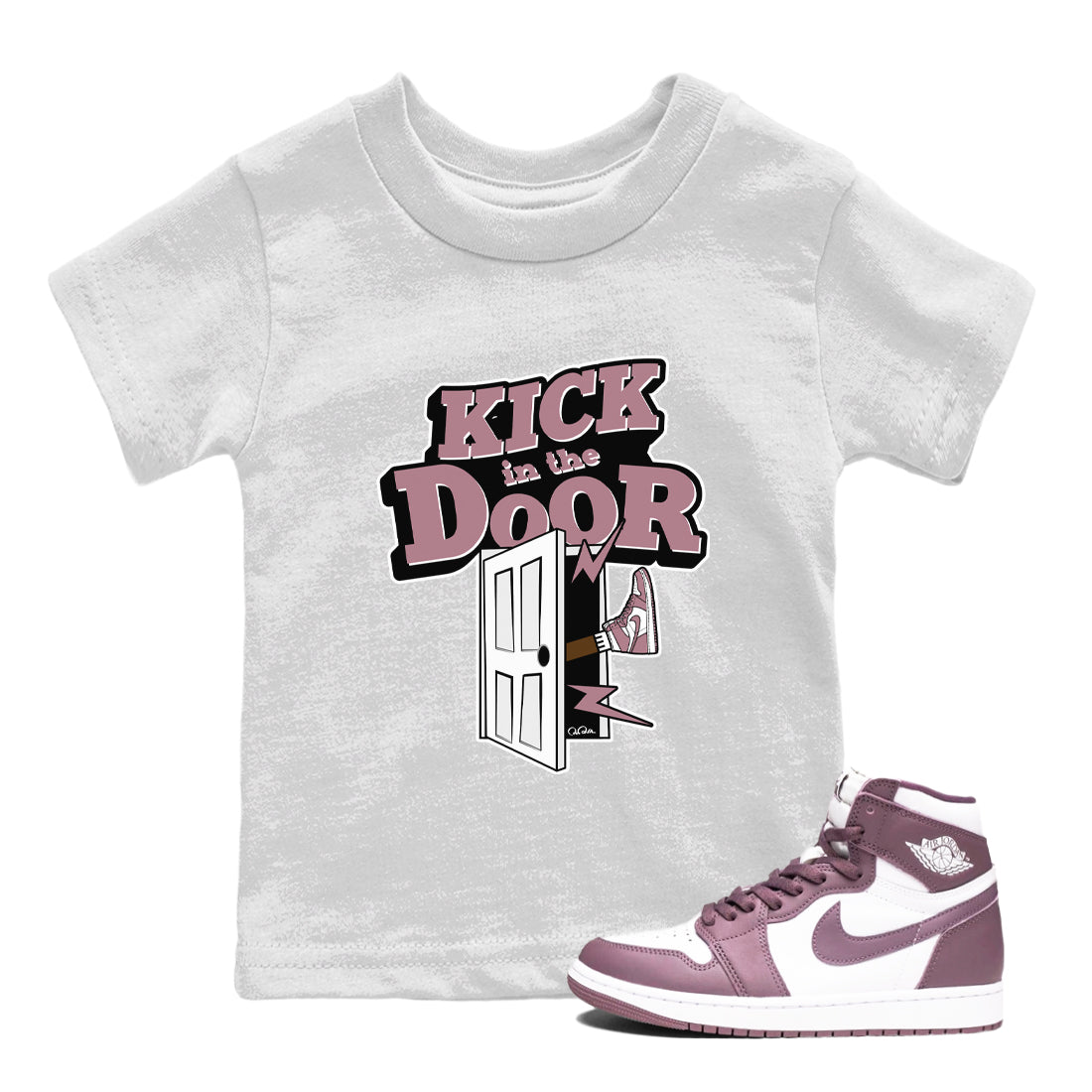Air Jordan 1 Mauve shirt to match jordans Kick In The Door sneaker tees AJ1Mauve SNRT Sneaker Release Tees Baby Toddler White 1 T-Shirt