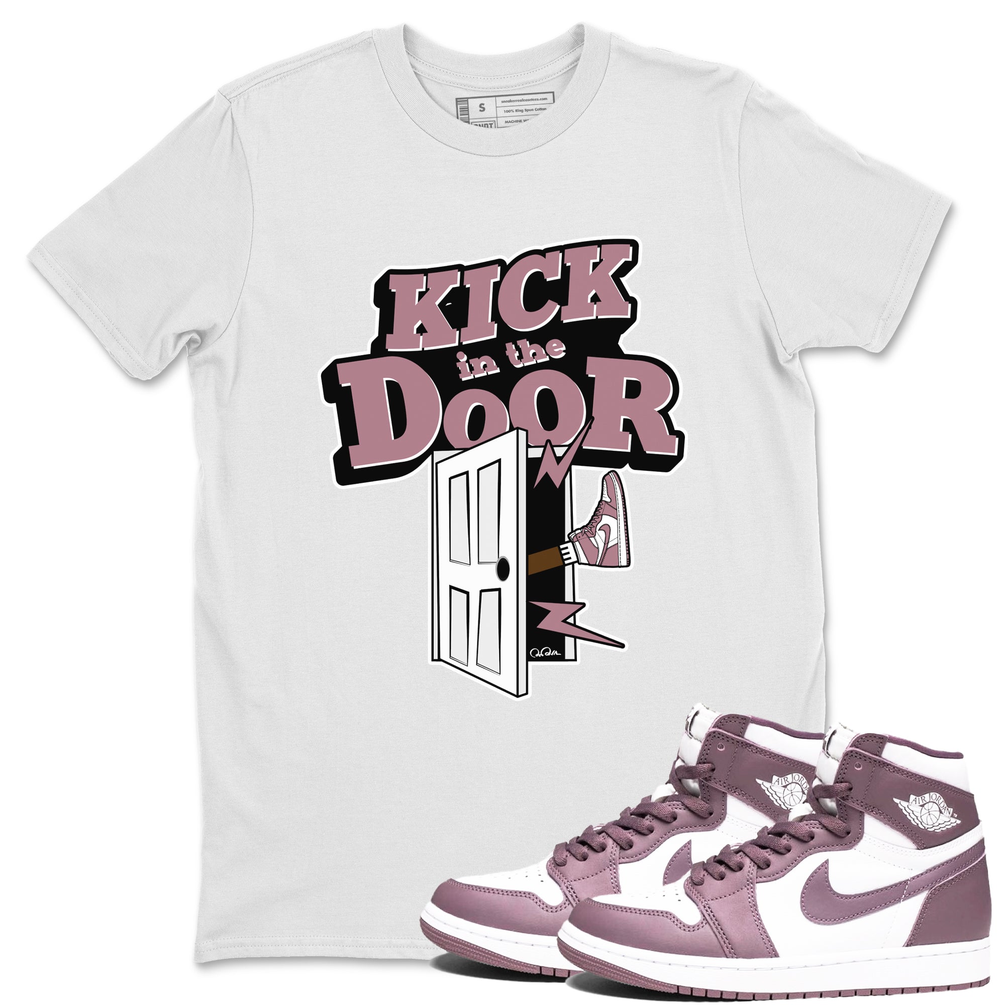 Air Jordan 1 Mauve shirt to match jordans Kick In The Door sneaker tees AJ1Mauve SNRT Sneaker Release Tees Unisex White 1 T-Shirt