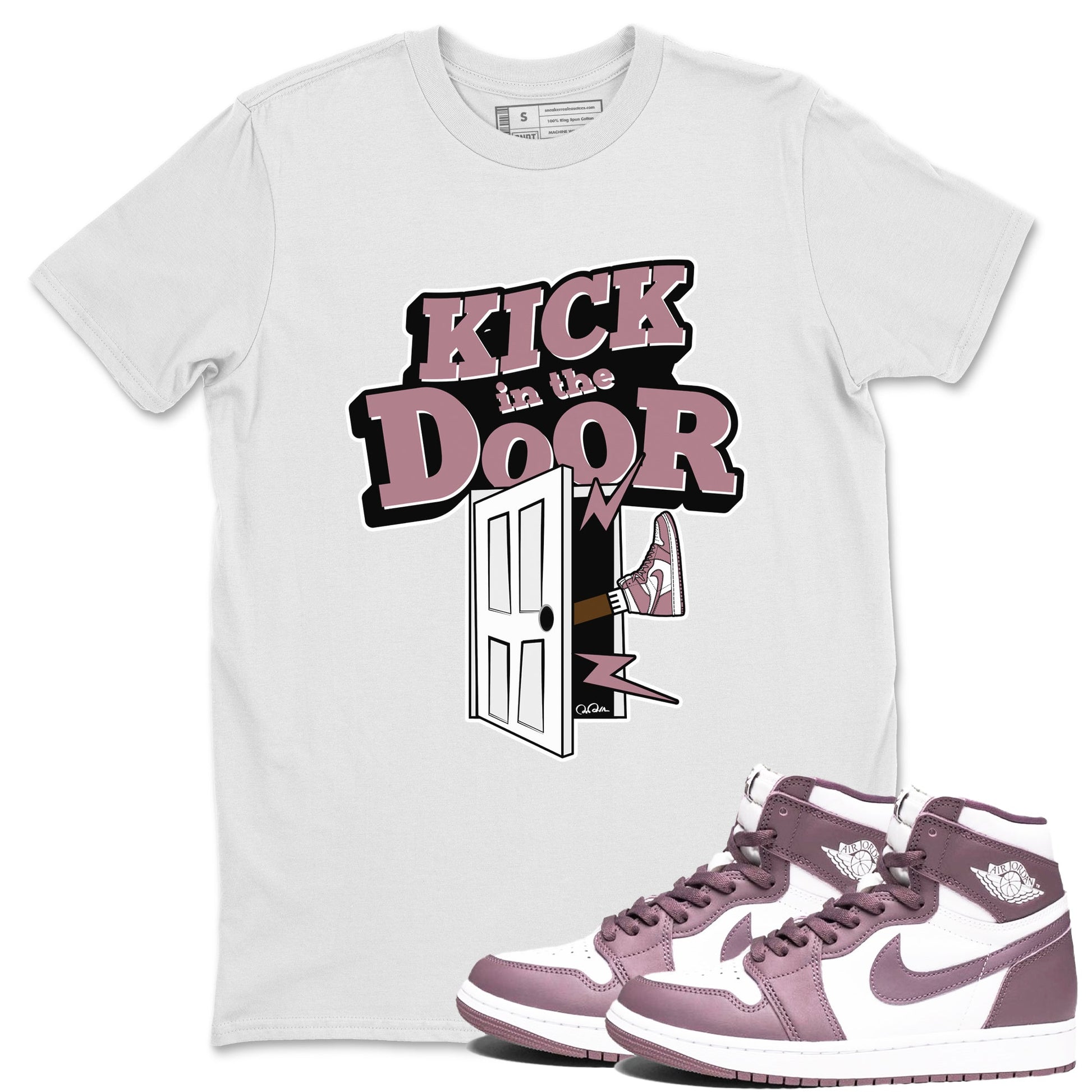 Air Jordan 1 Mauve shirt to match jordans Kick In The Door sneaker tees AJ1Mauve SNRT Sneaker Release Tees Unisex White 1 T-Shirt