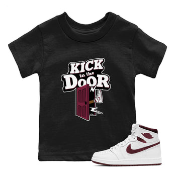 1s Metallic Burgundy shirt to match jordans Kick In The Door sneaker tees AJ1 Metallic Burgundy SNRT Sneaker Release Tees Baby Toddler Black 1 T-Shirt