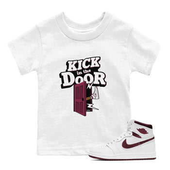 1s Metallic Burgundy shirt to match jordans Kick In The Door sneaker tees AJ1 Metallic Burgundy SNRT Sneaker Release Tees Baby Toddler White 1 T-Shirt