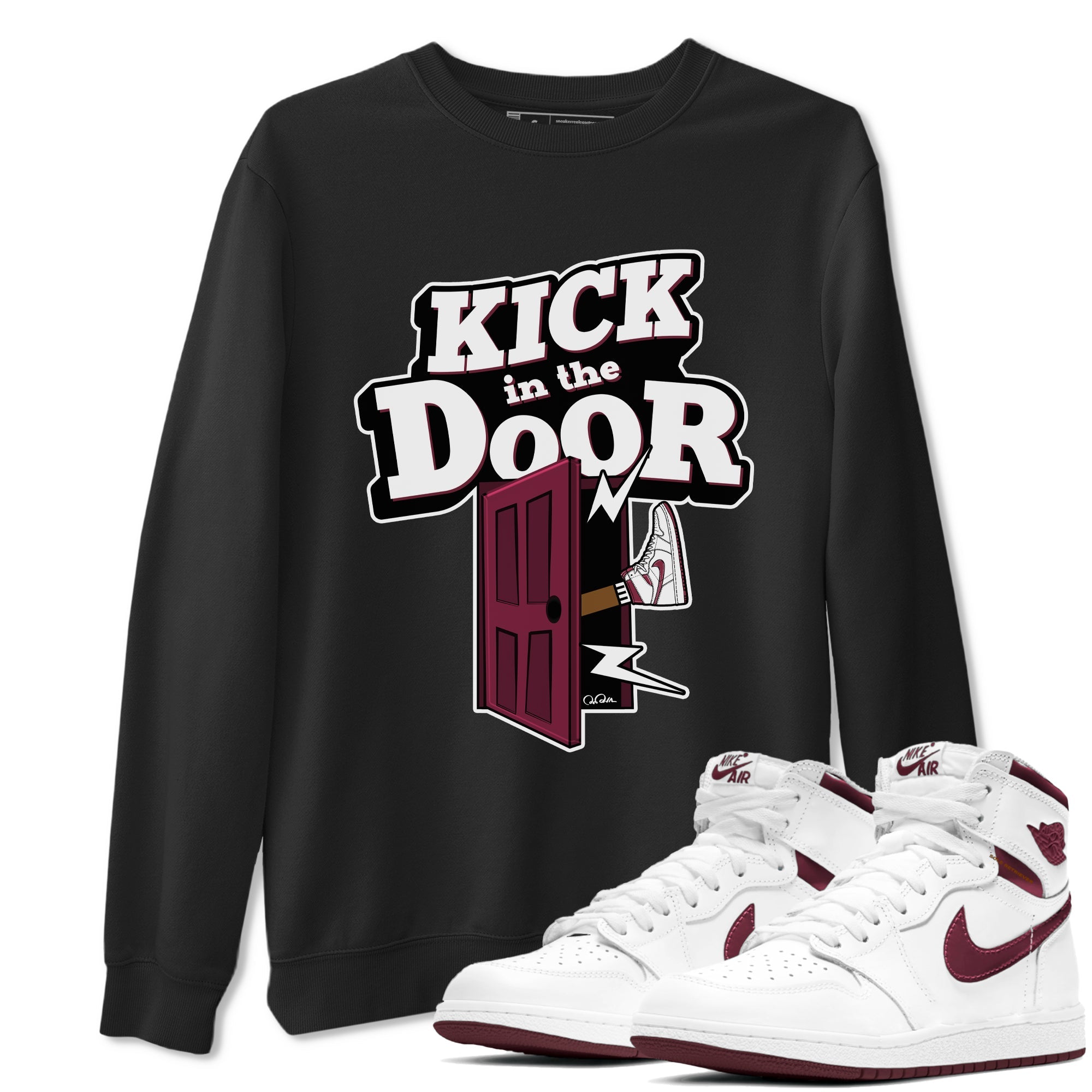 1s Metallic Burgundy shirt to match jordans Kick In The Door sneaker tees AJ1 Metallic Burgundy SNRT Sneaker Release Tees Unisex Black 1 T-Shirt