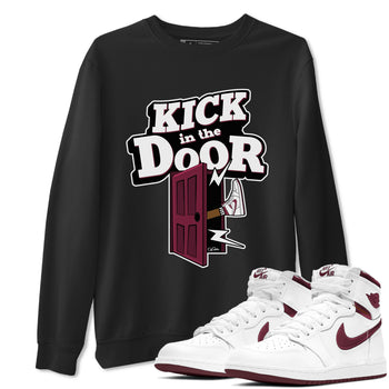 1s Metallic Burgundy shirt to match jordans Kick In The Door sneaker tees AJ1 Metallic Burgundy SNRT Sneaker Release Tees Unisex Black 1 T-Shirt
