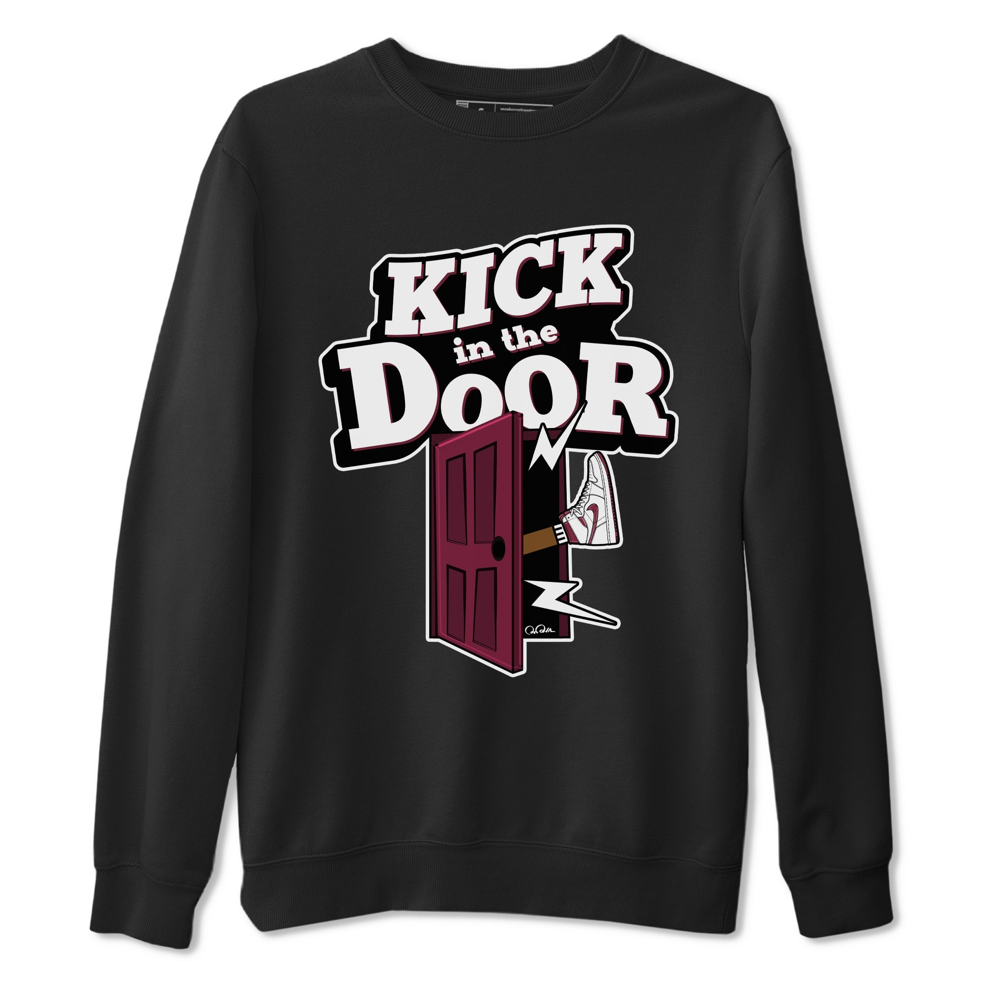 1s Metallic Burgundy shirt to match jordans Kick In The Door sneaker tees AJ1 Metallic Burgundy SNRT Sneaker Release Tees Unisex Black 2 T-Shirt