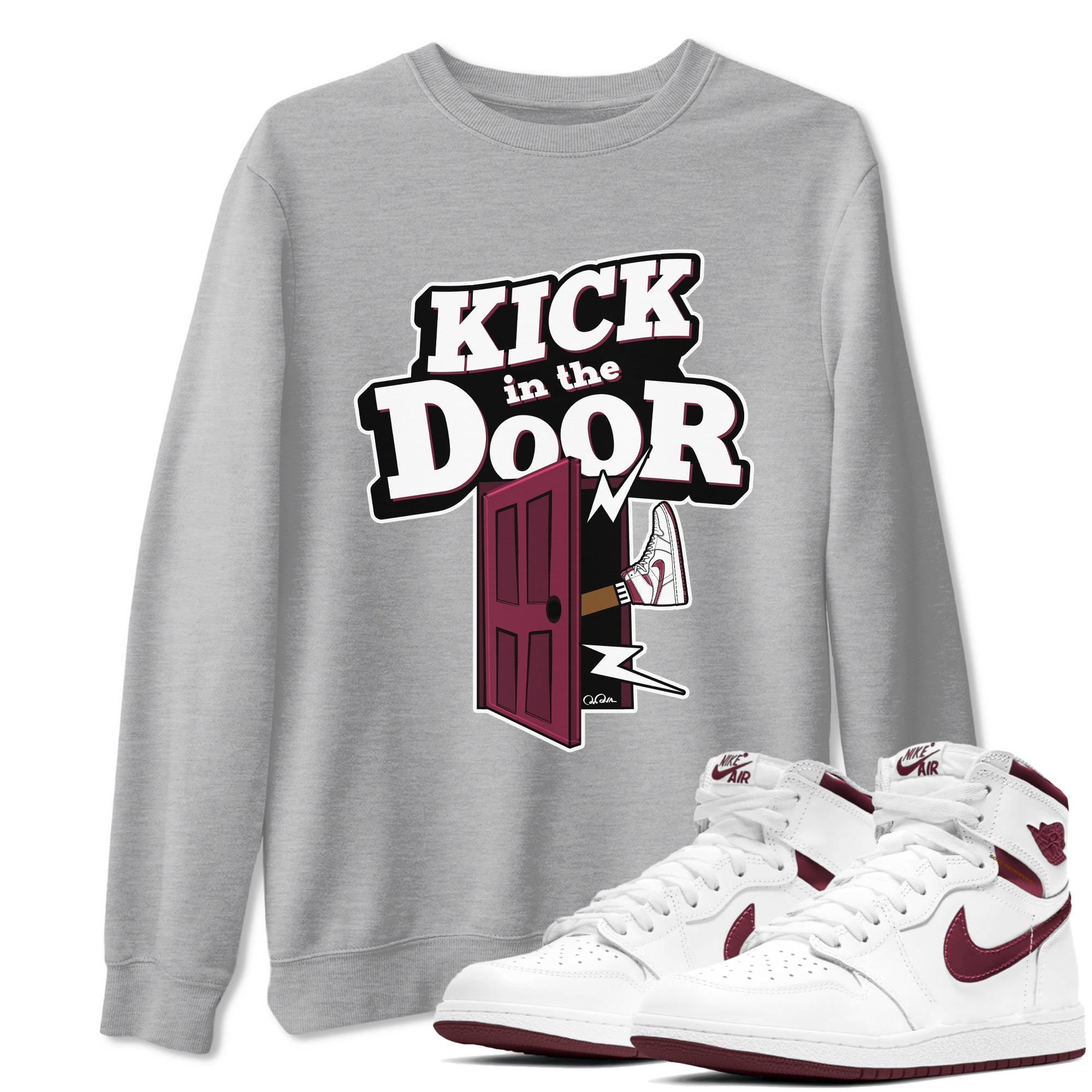 1s Metallic Burgundy shirt to match jordans Kick In The Door sneaker tees AJ1 Metallic Burgundy SNRT Sneaker Release Tees Unisex Heather Grey 1 T-Shirt