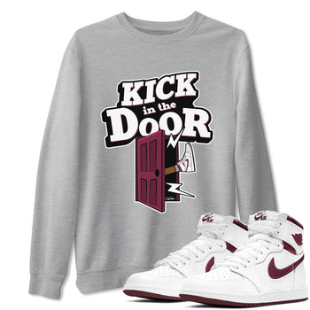 1s Metallic Burgundy shirt to match jordans Kick In The Door sneaker tees AJ1 Metallic Burgundy SNRT Sneaker Release Tees Unisex Heather Grey 1 T-Shirt