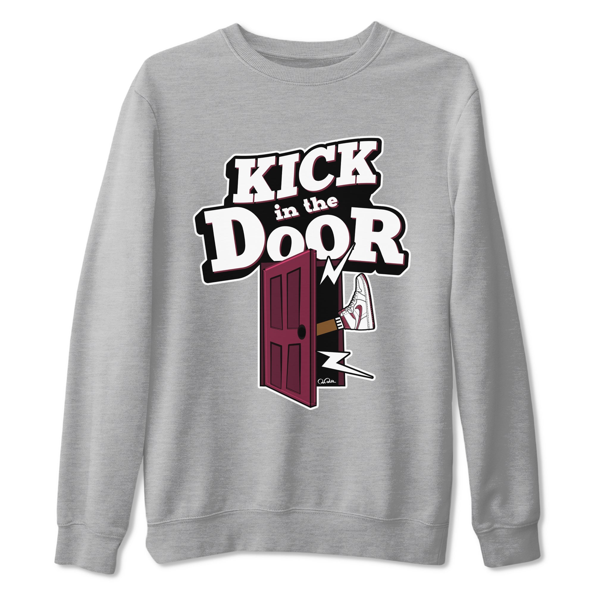 1s Metallic Burgundy shirt to match jordans Kick In The Door sneaker tees AJ1 Metallic Burgundy SNRT Sneaker Release Tees Unisex Heather Grey 2 T-Shirt