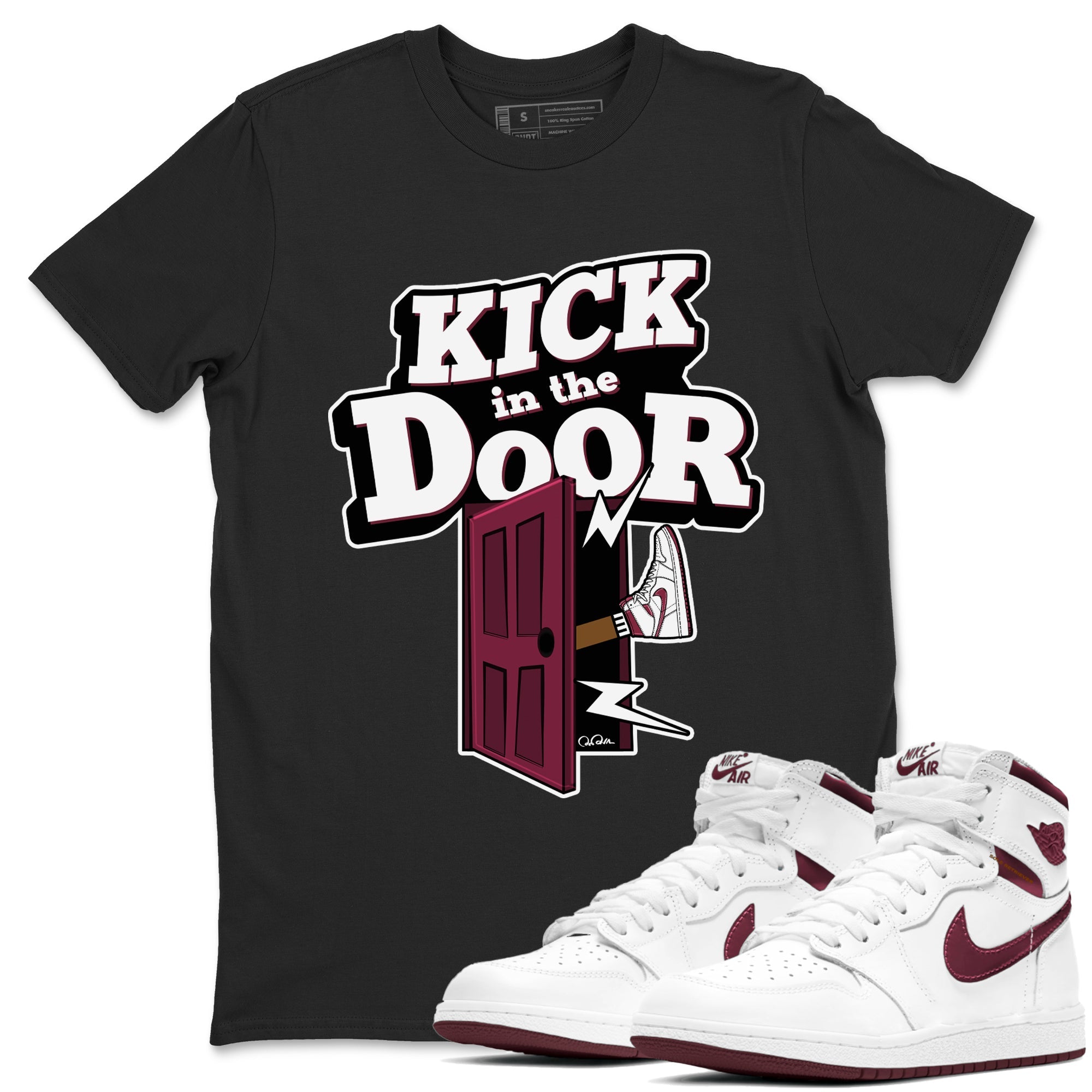 1s Metallic Burgundy shirt to match jordans Kick In The Door sneaker tees AJ1 Metallic Burgundy SNRT Sneaker Release Tees Unisex Black 1 T-Shirt