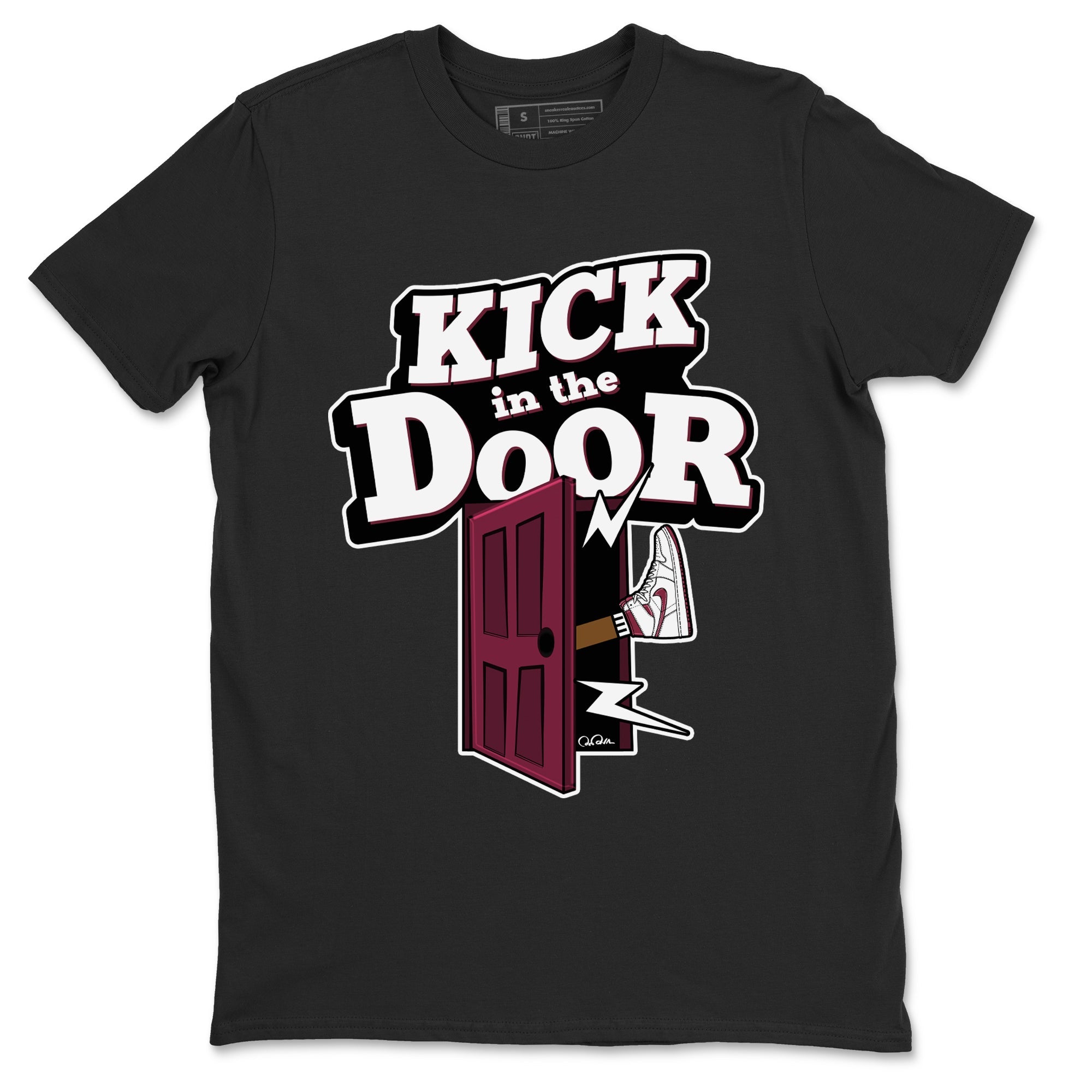 1s Metallic Burgundy shirt to match jordans Kick In The Door sneaker tees AJ1 Metallic Burgundy SNRT Sneaker Release Tees Unisex Black 2 T-Shirt