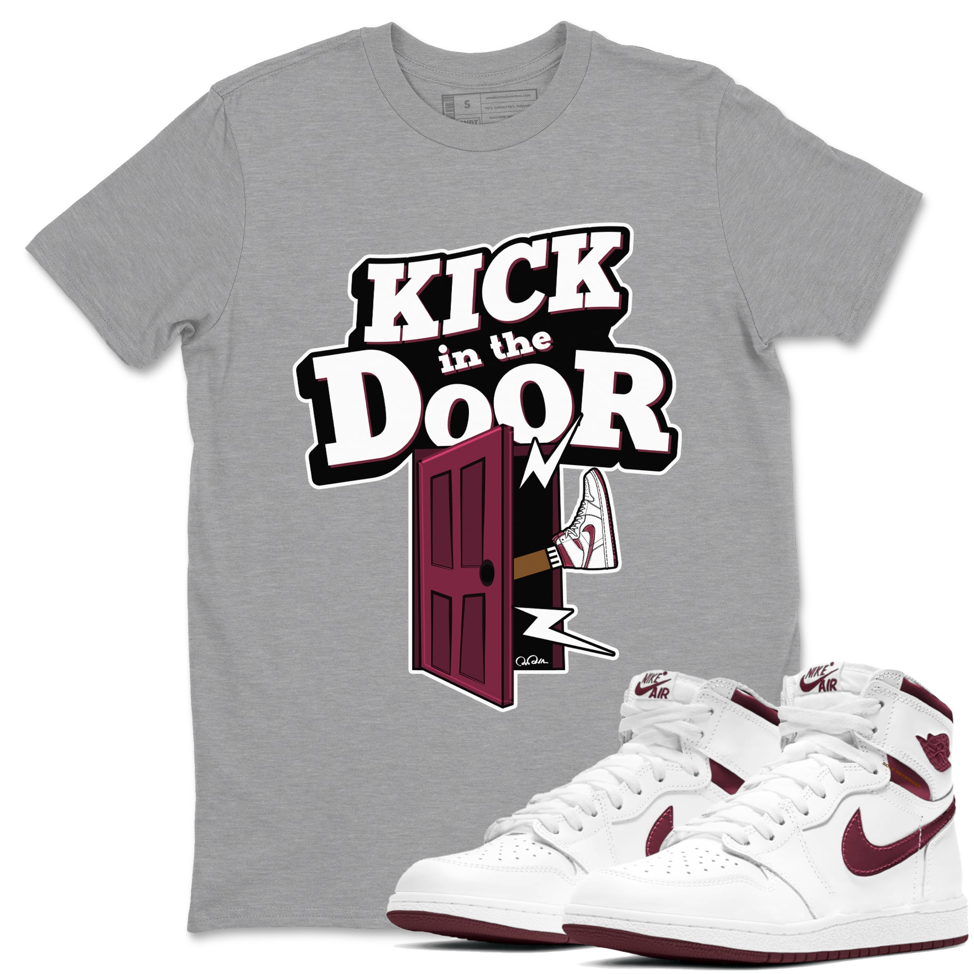 1s Metallic Burgundy shirt to match jordans Kick In The Door sneaker tees AJ1 Metallic Burgundy SNRT Sneaker Release Tees Unisex Heather Grey 1 T-Shirt