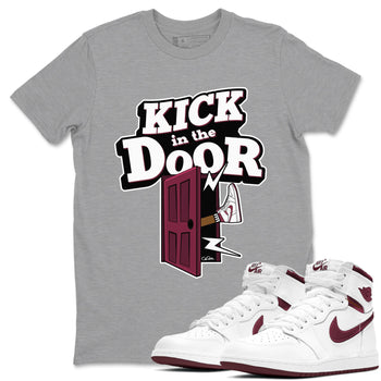 1s Metallic Burgundy shirt to match jordans Kick In The Door sneaker tees AJ1 Metallic Burgundy SNRT Sneaker Release Tees Unisex Heather Grey 1 T-Shirt