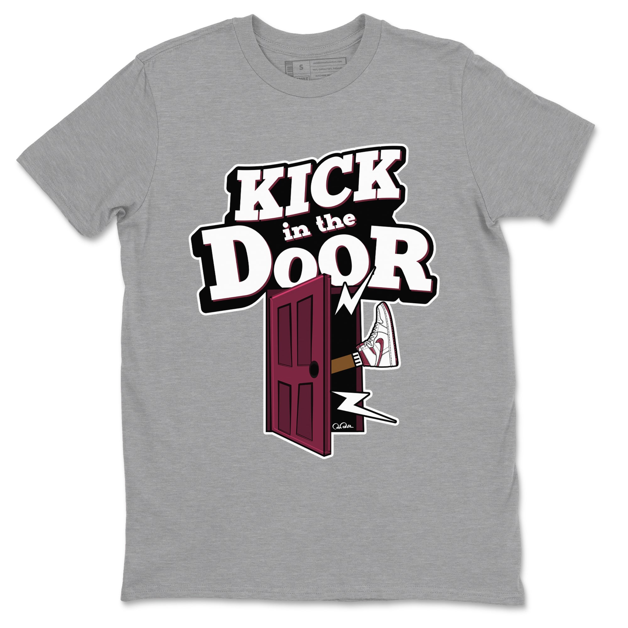 1s Metallic Burgundy shirt to match jordans Kick In The Door sneaker tees AJ1 Metallic Burgundy SNRT Sneaker Release Tees Unisex Heather Grey 2 T-Shirt