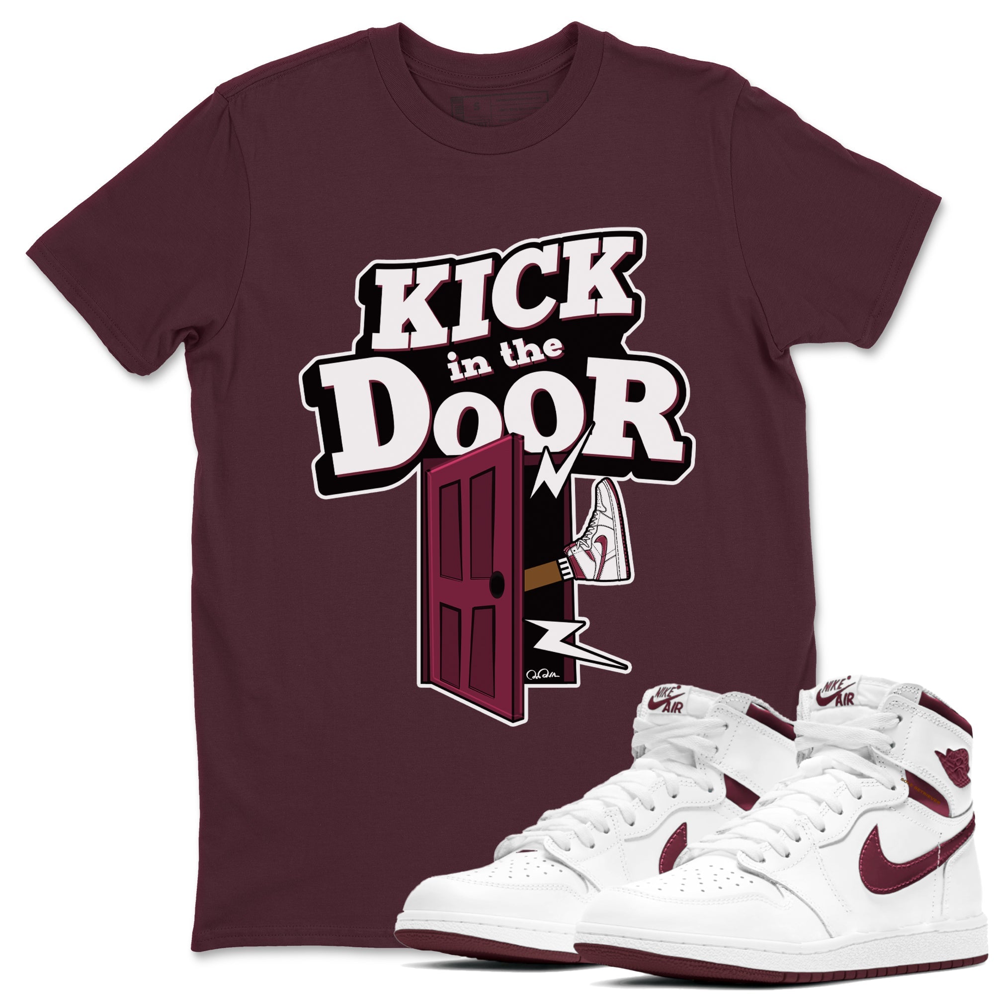 1s Metallic Burgundy shirt to match jordans Kick In The Door sneaker tees AJ1 Metallic Burgundy SNRT Sneaker Release Tees Unisex Maroon 1 T-Shirt