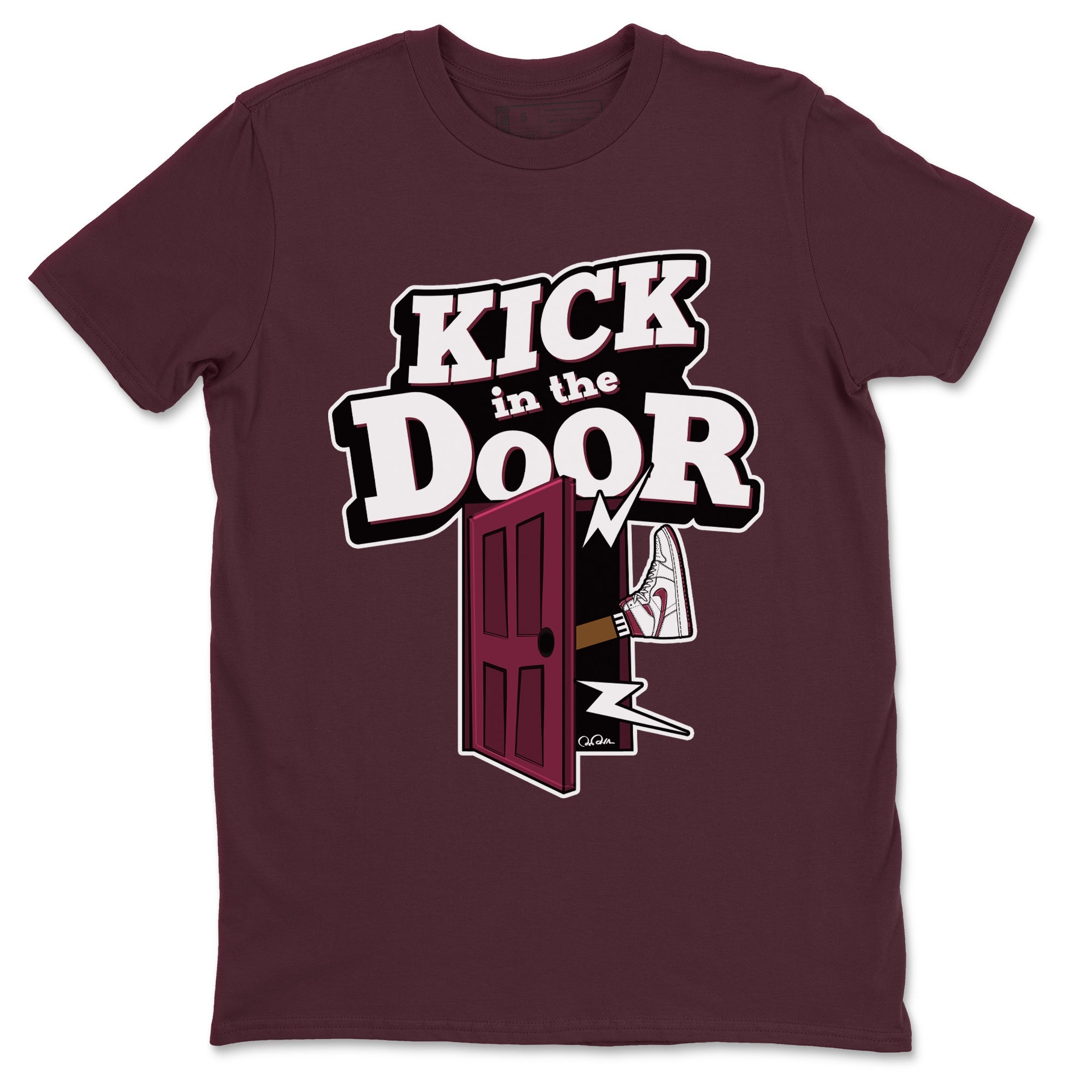 1s Metallic Burgundy shirt to match jordans Kick In The Door sneaker tees AJ1 Metallic Burgundy SNRT Sneaker Release Tees Unisex Maroon 2 T-Shirt