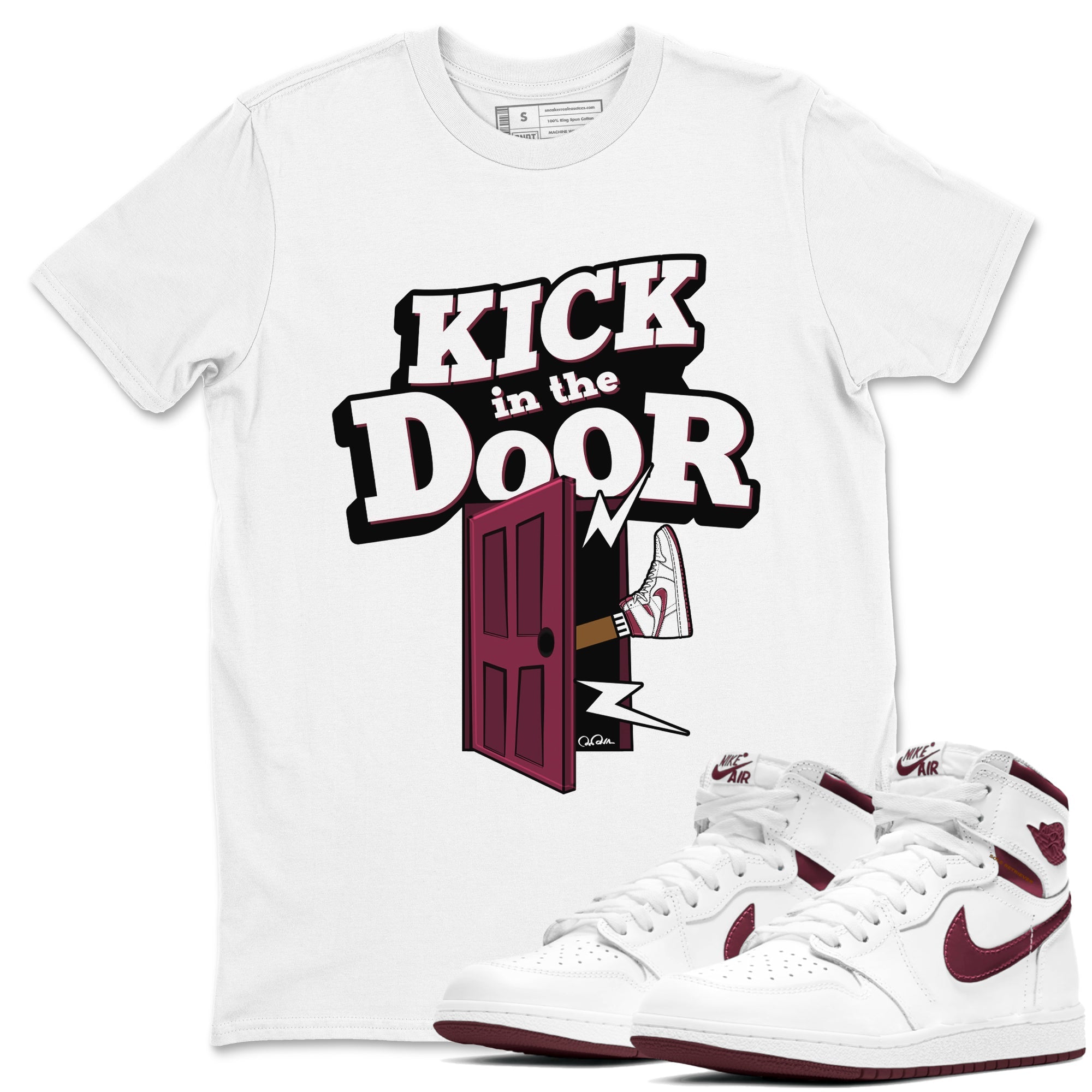 1s Metallic Burgundy shirt to match jordans Kick In The Door sneaker tees AJ1 Metallic Burgundy SNRT Sneaker Release Tees Unisex White 1 T-Shirt