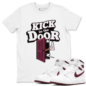 1s Metallic Burgundy shirt to match jordans Kick In The Door sneaker tees AJ1 Metallic Burgundy SNRT Sneaker Release Tees Unisex White 1 T-Shirt