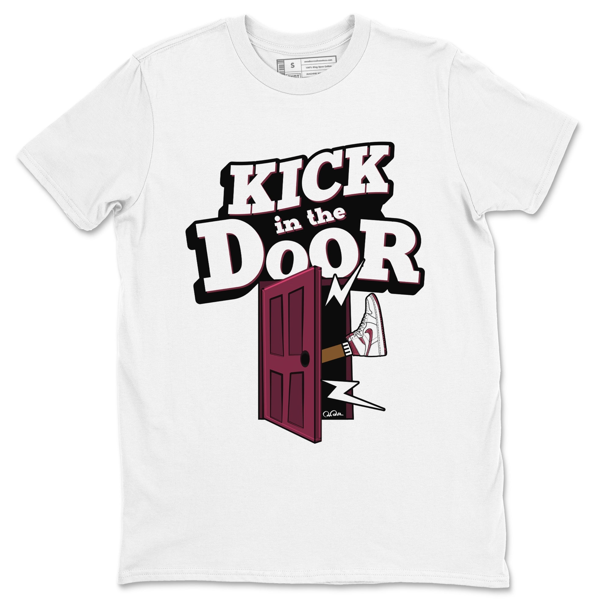 1s Metallic Burgundy shirt to match jordans Kick In The Door sneaker tees AJ1 Metallic Burgundy SNRT Sneaker Release Tees Unisex White 2 T-Shirt