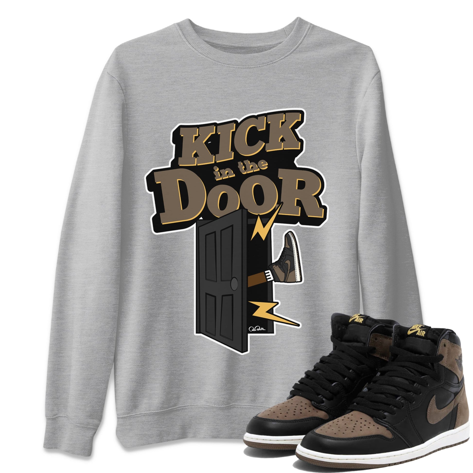 Air Jordan 1 Palomino shirt to match jordans Kick In The Door sneaker tees AJ1 High Palomino SNRT Sneaker Release Tees Unisex Heather Grey 1 T-Shirt