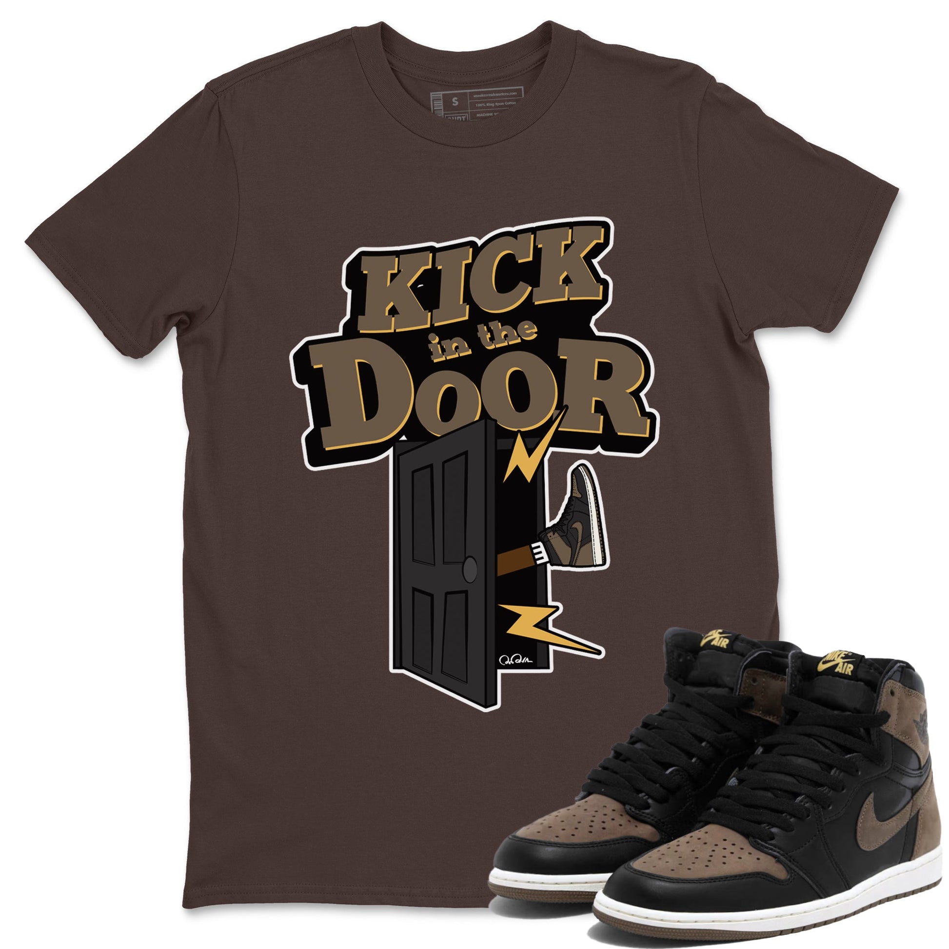Air Jordan 1 Palomino shirt to match jordans Kick In The Door sneaker tees AJ1 High Palomino SNRT Sneaker Release Tees Unisex Dark Chocolate 1 T-Shirt